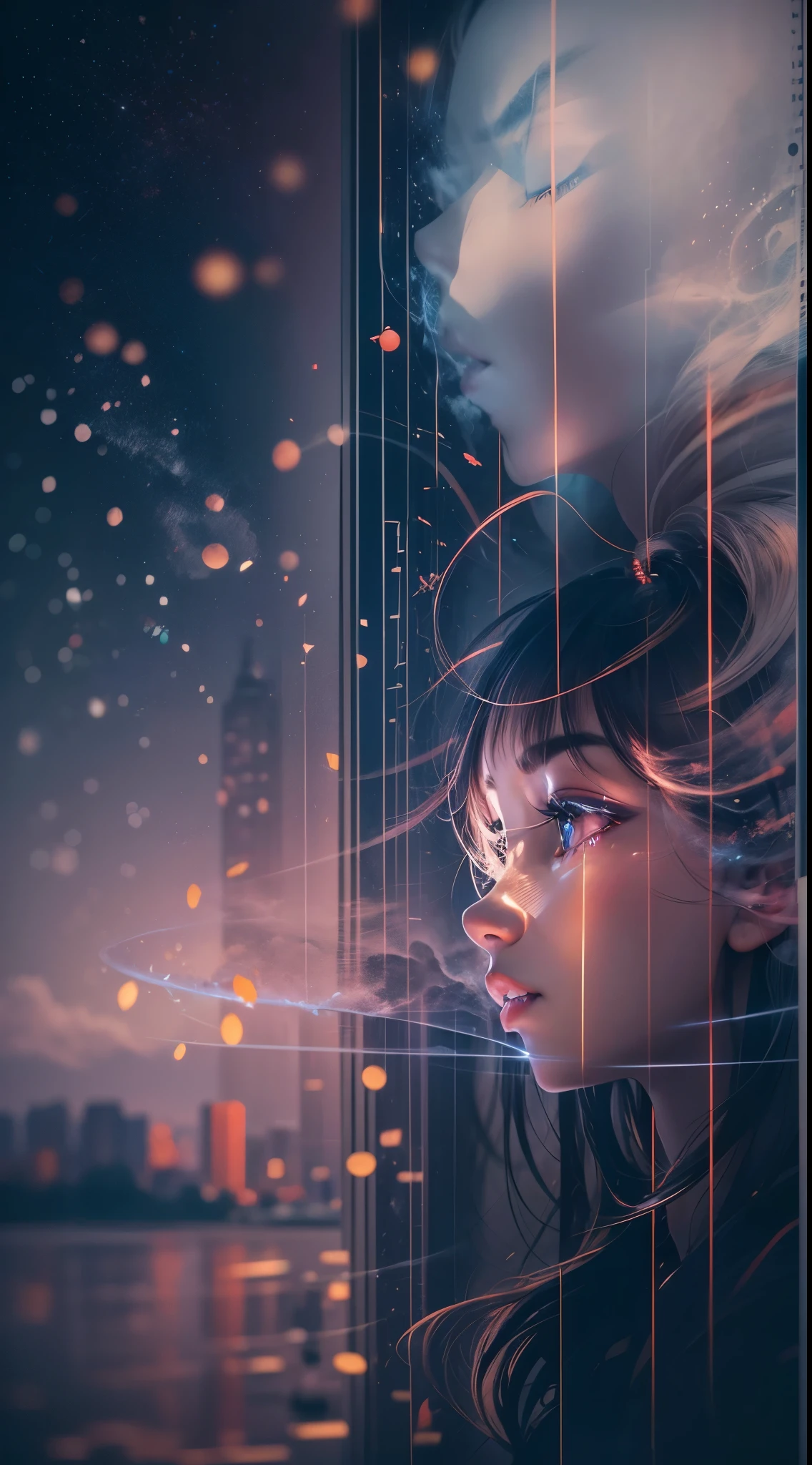 Movie poster, wide wide shot，Expansive night sky，new year，A grand fireworks display，woman portrait，double exposure effect，dramatic lights，Vivid colors，long exposure technology，creative composition，artsy photography，hight contrast，abstract elements，Emotionally captivating，Expressive eyes，Soft focus，vague background，Beautiful detail lips，Multiple exposures，Different Perspectives、Cidade futuristica，Silhouette of a high-rise building。distinct texture、overlapping images、A harmonious blend of themes、art story、Surreal atmosphere、Experimental Technology、imaginative exploration、artistic expression、Artistic interpretation、Creative experimentation、personal narrative、Layered composition、Ethereal aesthetics、Striking visual impact、visual depth、magic realism、Poetic atmosphere，detailed meticulous，Visual poetry