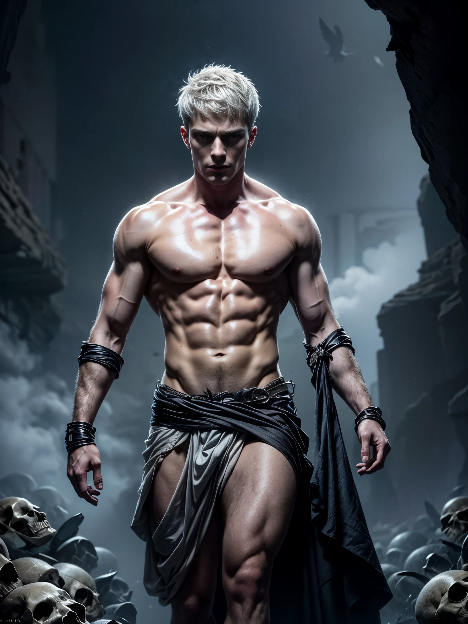 ((masterpiece)),((best quality)),8k, high detailed, ultra-detailed, Stylish Pose, real skin texture, dark cinematic lighting, 21 year-old Italian male model, handsome italian, cute looking, divine look, powerful light blue eyes, Hades god, god of the underworld, pluto, godly, death god, displaying the ability to manipulate souls, white pale skin, roman god physic, intense blue eyes, short hair, (white silver hair:1.5), (buzz cut hair:1.1), short hair, dry short white messy hair, strong jawline, masculine, muscular, defined fit body, hairless chest, shirtless, pantless, (thousands of skulls:1.4),(spirits flying all over:1.5) sinister aesthetic, underworld, arm bracelet, fire underworld, walking towards the camera, huge massive dark cave, tule fog, barelegged, barefoot, black antique linen spartan loincloth, black linen antique draped cloth skirt, (), roman gladiator loincloth,,,, dim light, dark atmosphere, cinematic lighting, Depth of field, award-winning photography, elegant, hyperrealistic, octane render, unreal, high definition, 8k resolution, highly detailed, 8k uhd, professional lighting, photon mapping, radiosity, physically-based rendering