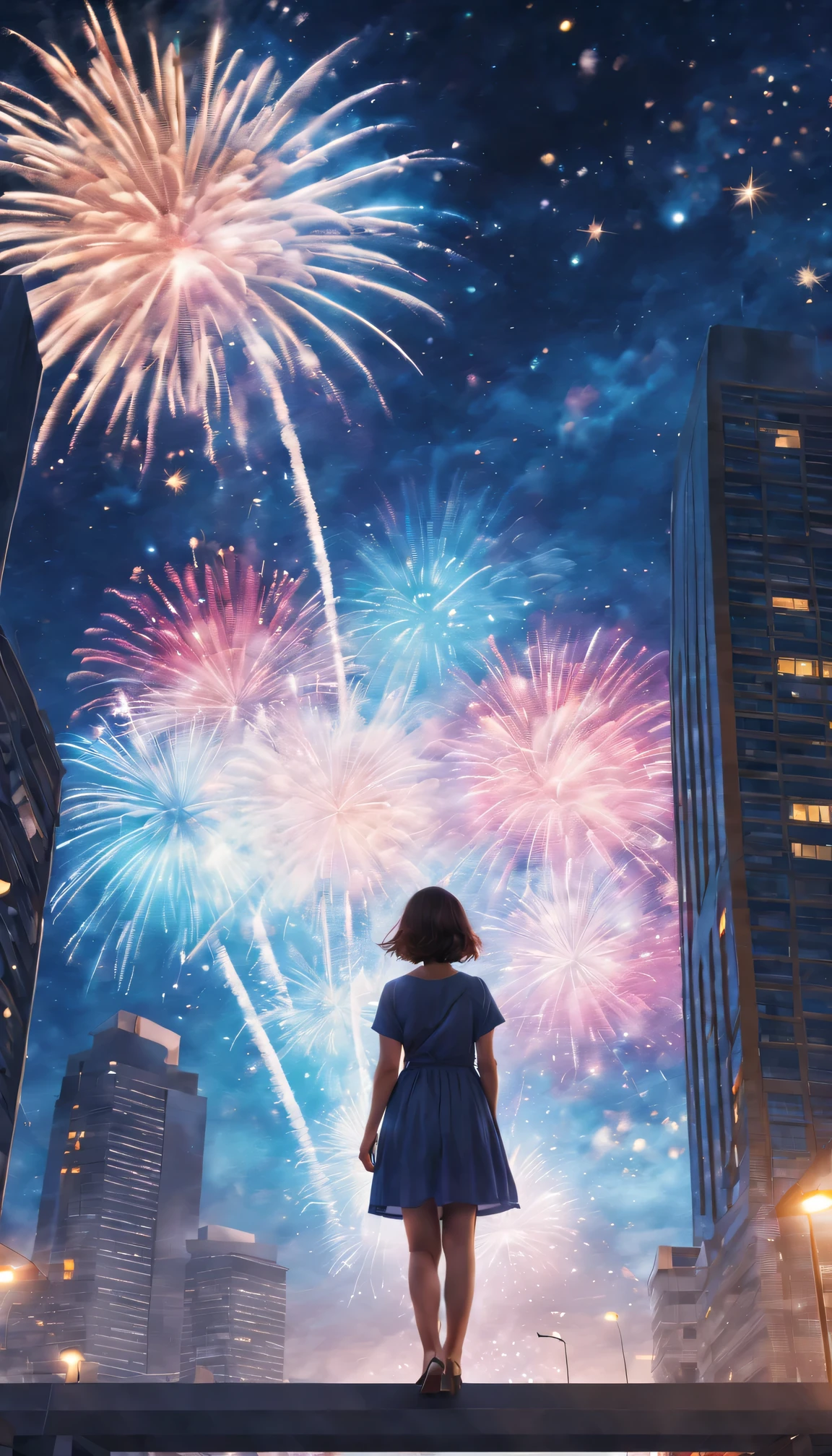 oil painted,filmposter,wide wide shot,Expansive night sky,new year,A grand fireworks display,feminine portrait,double exposure effect,vivd coloong exposure technology,creative composition,artsy photography,hight contrast,soft focus,vague background,multiple exposure,Different Perspectives,mirai,High-rise building silhouette texture、overlay images、Surreal atmosphere、(Best quality at best,4K,8K,A high resolution,tmasterpiece:1.2),ultra - detailed,(actual,photoactual,photo-actual:1.37),
