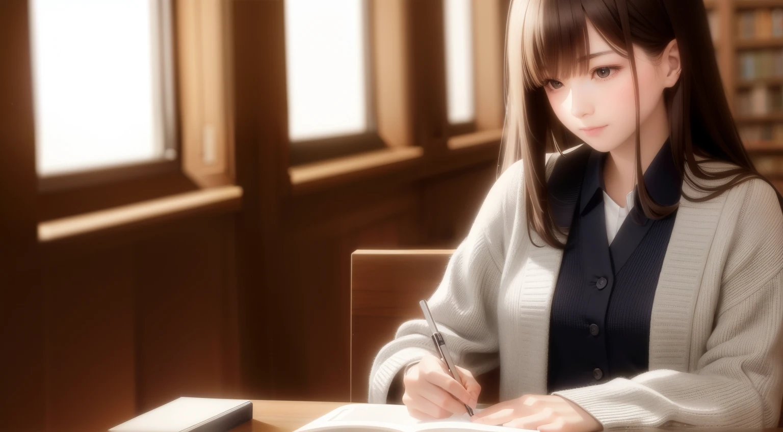 A woman sitting at the table looking at a book and writing a book, at the libraryの読書, elegant study, book library studying, intense knowledge, Pupils, at the library, studious, Well edited, full subject, librarian, Super Smart, studying in a brightly lit room, mid-shot, mid-shot, mid-shot, full subject shown in photo