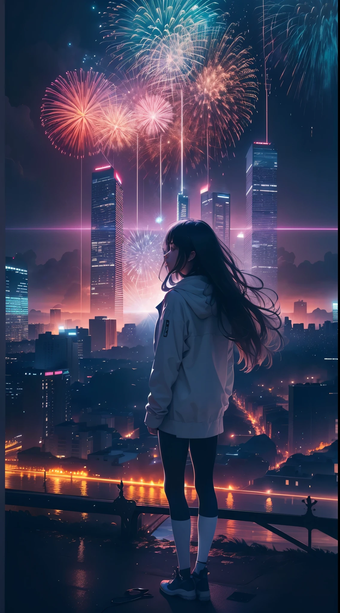 (filmposter)，wide wide shot，Expansive night sky，new year，(A grand fireworks display)，(portrait of cute girl)，(double exposure effect)，Vivid colors，(long exposure technology)，creative composition，artsy photography，hight contrast，Soft focus，vague background，(multiple exposure)，Different Perspectives，A futuristic，(High rise building silhouette stark texture)、(overlapping images)、surreal atmosphere、(best quality,4k,8k,highres,masterpiece:1.2),ultra-detailed,(realistic,photorealistic,photo-realistic:1.37),