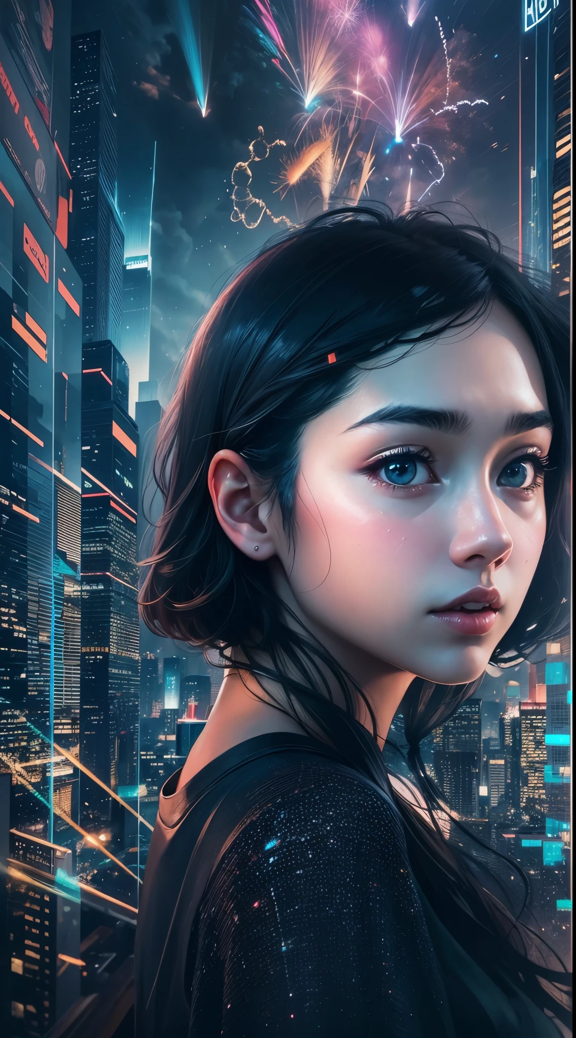 (filmposter)，(oil painted)，wide wide shot，Expansive night sky，new year，(A grand fireworks display)，(portrait of cute girl)，(double exposure effect)，Vivid colors，(long exposure technology)，creative composition，artsy photography，hight contrast，Soft focus，vague background，(multiple exposure)，Different Perspectives，A futuristic，(High rise building silhouette stark texture)、(overlapping images)、surreal atmosphere、(best quality,4k,8k,highres,masterpiece:1.2),ultra-detailed,(realistic,photorealistic,photo-realistic:1.37),