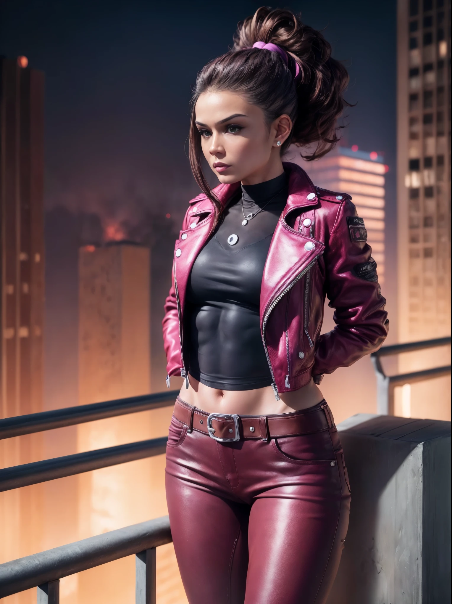 Super realistic, 4k, shoes shot view, a woman Korean face with ponytail style hair and magenta leather jacket, magenta leather pant, brown leather belt, brown leather glove and magenta high leather shoes and standing on top of building in the night with fog and super big green moon lighting and assassin cowboy style look.