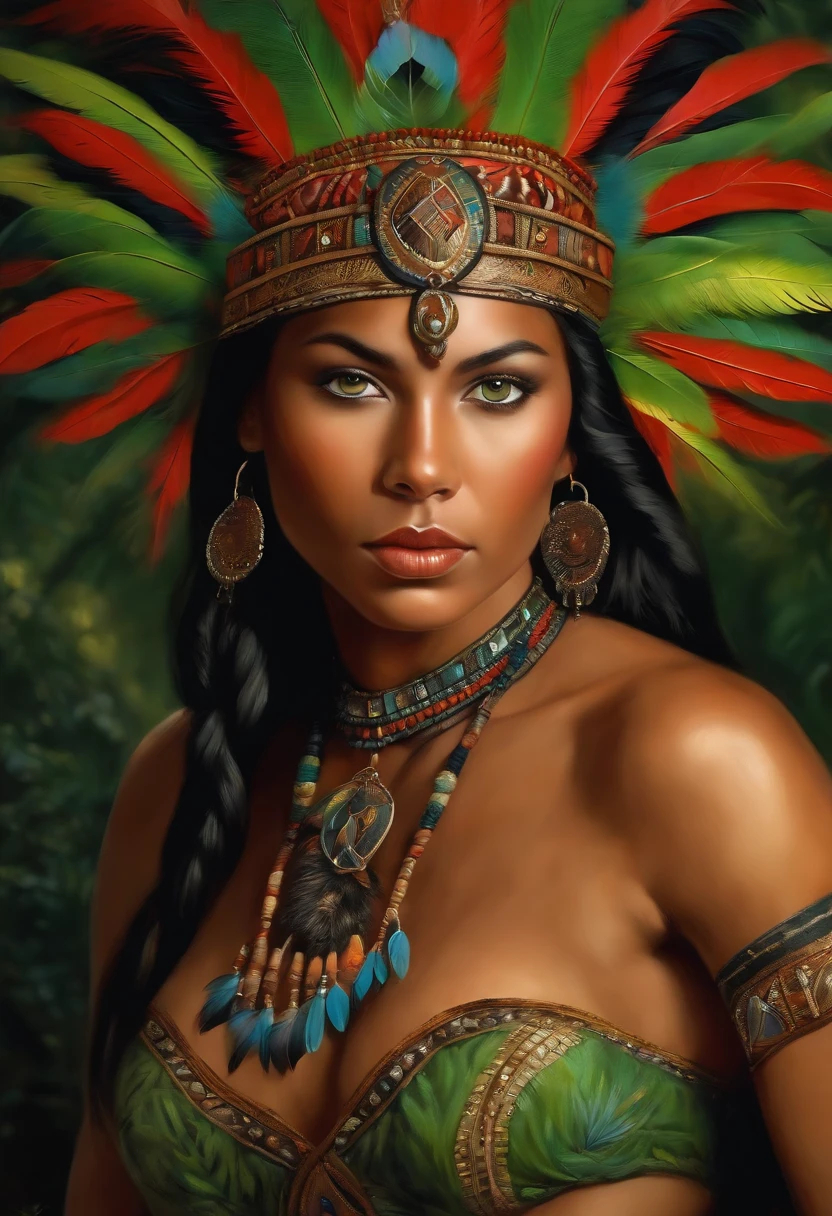 Painting of A young woman of radiant beauty, ((the most beautiful cabocla in the world)), 18 years old, indigenous, ((full body)), ((strong body, muscular legs)), ((indigenous headdress with colorful feathers on her head )), long black hair, braided over her shoulders, ((green panther eyes, magnetic)), ((square face and sunken chin)), ((strong expression of a female warrior)), ((hypnotic beauty)), sexy and sensual, indigenous body paintings, body and beauty of a Goddess, ((wearing wild animal skin)), ((in the background a sacred temple in the middle of a forest on a full moon night)), ((style of baroque painting)), ((with panthers and jaguars))