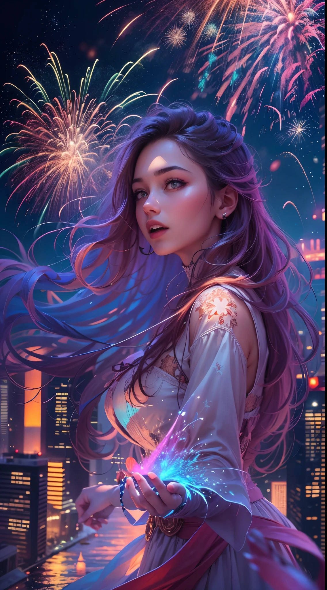 best quality,4k,8k,highres,masterpiece:1.2,ultra-detailed,realistic:1.37,portrait,landscape,painting,illustration,oil painting,double exposure effect,girl,girl in a beautiful dress,expressive eyes,festive atmosphere,grand fireworks display in the night sky,sparkling fireworks,reflection on water surface,mesmerizing colors,romantic ambiance,futuristic skyscrapers,tall buildings,reaching towards the sky,glowing neon lights,amazing architectural design,twinkling stars,celebration of the new year,overwhelming sense of excitement,magical moment,inspiring and artistic composition