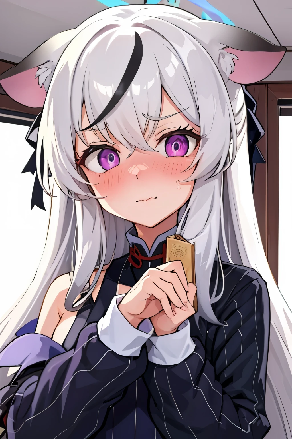 1girl, kokona, indoors, purple eyes, white hair, :3 mouth, embarrassed, beautiful eyes, beautiful lips, shiny lips, extremely detailed eyes and face, long eyelashes, close-up, warm lighting, vibrant colors, looking at the viewer, embarrassed look, blush, Christmas sweater, Christmas atmosphere