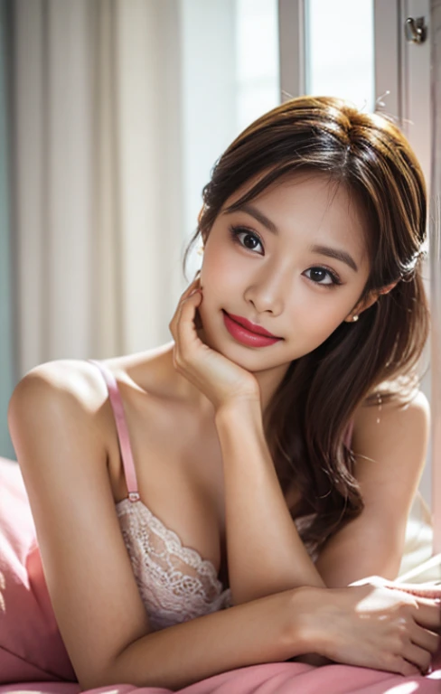 top-quality、masterpiece、超A high resolution、Photorealsitic、Raw foto、1girl in、A sexyな外見、Hair on the shoulders、The lower half is curled and sauvage、Cute smile like a model、Hair color is blonde、Ordinary high heels、Eyes are double、Wearing mascara、モデルのようなkawaiiポーズ、Clear face、Gorgeous like a model、Ultimate Beauty、Cute smile、A slight smil、TWICEのツウィみたいなrenな顔、masuter piece、Best Quality、Cold winter clothes、ren、kawaii、lyin in bed、A sexy、Exposed thighs、an lingerie、lipstick is dark pink
