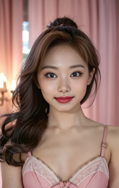 top-quality、​masterpiece、超A high resolution、Photorealsitic、Raw foto、1girl in、A sexyな外見、Hair on the shoulders、The lower half is curled and sauvage、Cute smile like a model、Hair color is blonde、Ordinary high heels、Eyes are double、Wearing mascara、モデルのようなkawaiiポーズ、Clear face、Gorgeous like a model、Ultimate Beauty、Cute smile、A slight smil、TWICEのツウィみたいなrenな顔、masuter piece、Best Quality、Cold winter clothes、ren、kawaii、lyin in bed、A sexy、Exposed thighs、an lingerie、lipstick is dark pink