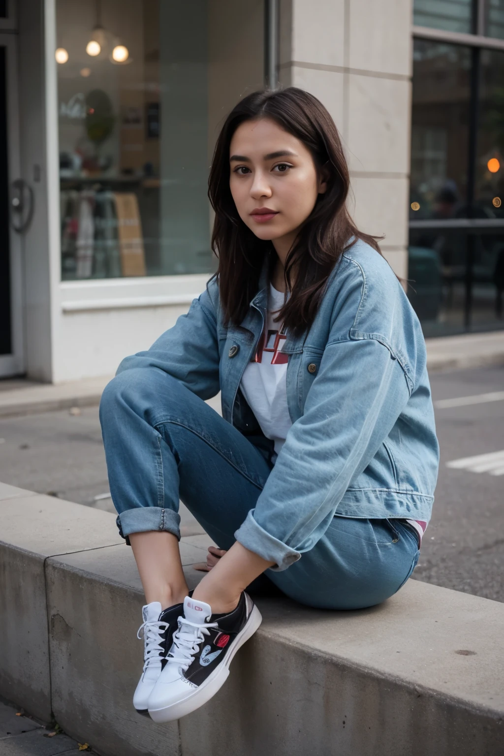 Create a 3D illustration of an animated character sitting casually on top of a social media logo "Instagram". The character must wear casual modern clothing such as jeans jacket and sneakers shoes. The background of the image is a social media profile page with a user name "mr__as__1432" and a profile picture that match.