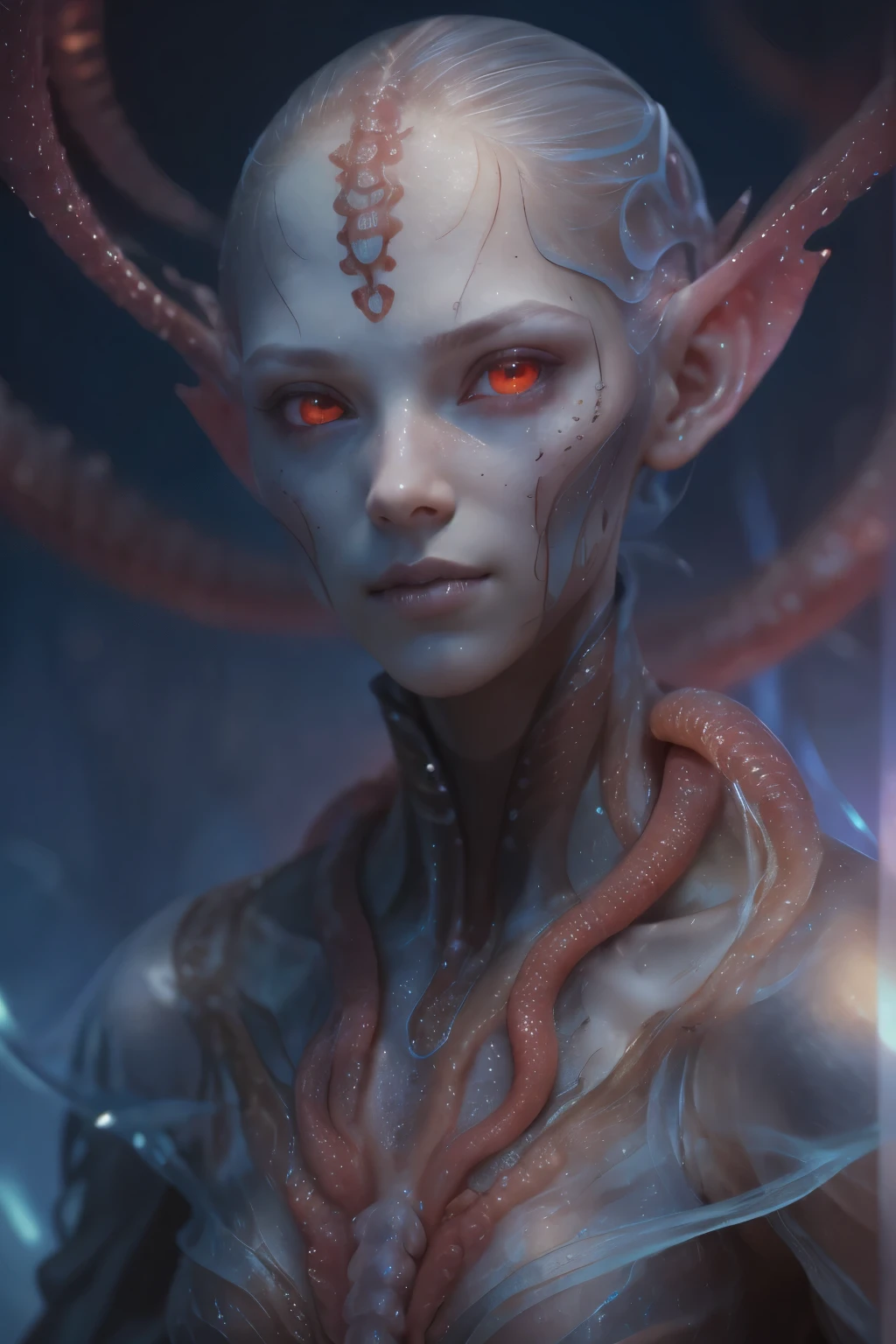 Portrait, (beautiful female alien:1.2), (she has red eyes with no pupils:1.8), (Translucent skin:1.7), (There is a female genital-like organ in the middle of the forehead:1.9), (The most beautiful face in the history of the universe:1.2),an evil gaze that seduces, (large mouth:1.1), (sharp teeth like a vampire:1.2), Full body like, (bio luminescent:1.5), (Smile wickedly:1.3), (sexypose:1.5), alien, No humans, cells are fused, (Lots of translucent tentacles:1.3) extraterrestrial, cell, bio image, Best Quality, 8K,4K_quality, High Definition, Dramatic Lighting, masutepiece:1.5,cinematic quality, detail up, (Intricate details:1.2), High resolution, High Definition, drawing faithfully, (Thick eyebrows:1.2), Beautiful eyes with fine symmetry,(Highly detailed face and eyes:1.2), Intimate face, (Super detailed skin quality feeling:1.4), Perfect Anatomy, (Beautiful toned body:1.5), (Moist skin:1.2), No makeup, (dark circles:1.1), long canines, cinematic drawing of characters, ultra high quality model, cinematic quality, detail up, (Intricate details:1.2), High resolution, High Definition, drawing faithfully, Official art, Unity 8K wall , 8K Portrait, Best Quality, Very High resolution, ultra detailed artistic photography, midnight aura, unreal enginee 5, Ultra Sharp Focus, art by alberto seveso, ArtGerm, Roisch, intricate artwork, best quality, masutepiece, ultra High resolution, (photos realistic:1.4), Ultra-realistic realism, dream-like, nautilus, Creation of fantasy, Snail, Dream Snail, biopunk nautilus, Thrilling color schemes, Ultra-realistic realism, seductively smiling, Blue tentacles,