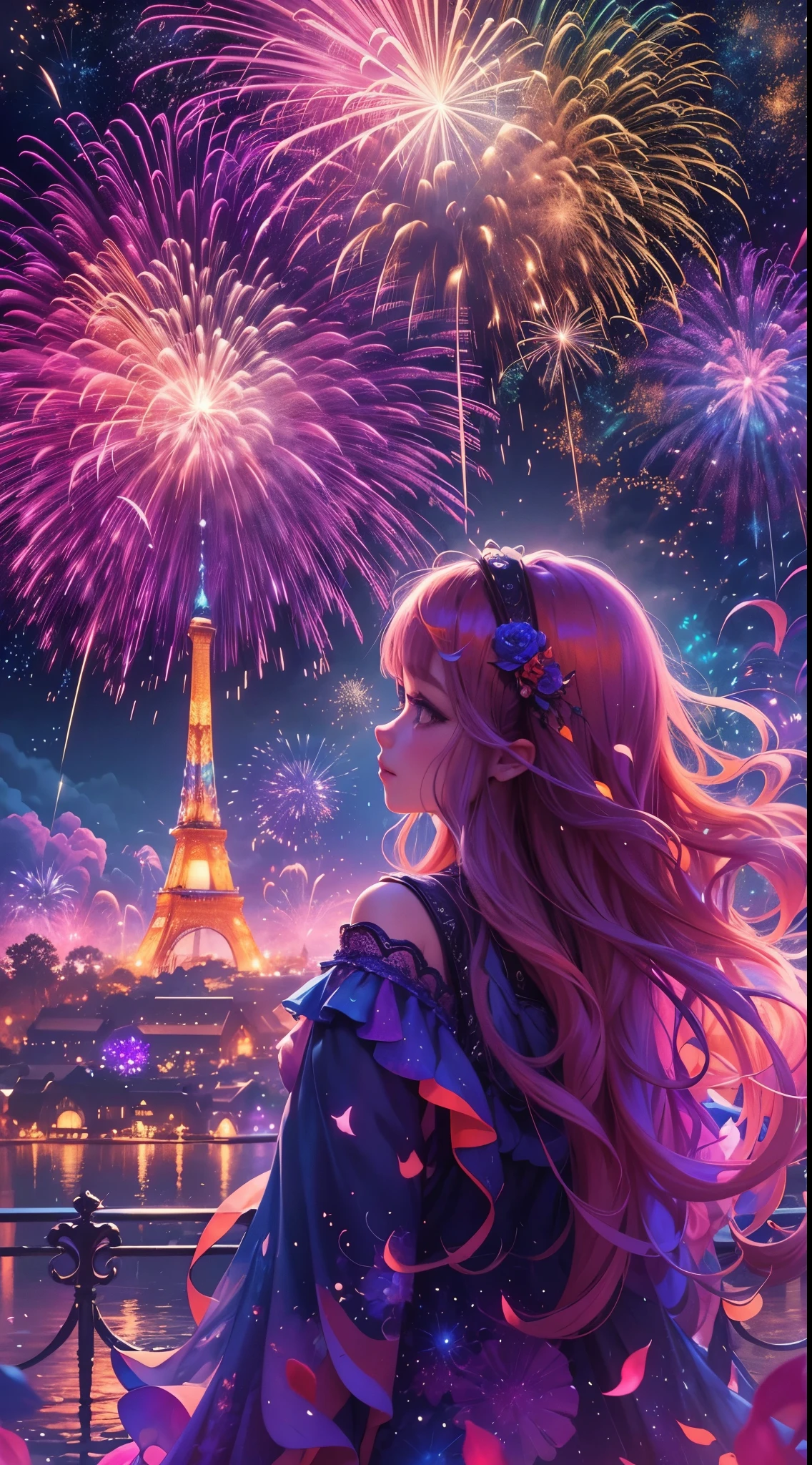 (best quality,4k,8k,highres,masterpiece:1.2),ultra-detailed,(realistic,photorealistic,photo-realistic:1.37),colorful, vibrant, absolutely stunning, breathtaking
A magical New Year's Eve sky filled with an extravagant fireworks display, featuring bursts of vibrant colors and mesmerizing patterns. The night is illuminated by the dazzling lights, creating a whimsical and enchanting atmosphere. The fireworks paint the sky with a plethora of hues, from brilliant blues to vibrant purples, creating a truly mesmerizing spectacle. The cute girl stands in awe, her eyes filled with wonder and joy as she gazes up at the sparkling sky. Her radiant smile lights up the night as she embraces the magical atmosphere around her.
The fireworks themselves are created with meticulous detail, each explosion capturing the imagination with its intricate shapes and dazzling brilliance. As they burst in the air, they leave behind trails of shimmering sparks that gradually fade into the darkness, adding a touch of ephemeral beauty to the scene.
The entire composition is infused with an otherworldly, psychedelic style, blurring the boundaries between reality and dreams. The colors blend and melt into one another, creating a surreal and immersive experience. The whimsical elements of the scene transport the viewer into a fairy tale world, where anything is possible.
The overall lighting of the scene is carefully designed to enhance the magic and beauty of the moment. Soft, warm spotlights illuminate the girl's face, highlighting her features and emphasizing her expression of awe and wonder. The radiant glow from the fireworks casts a mesmerizing glow on her, creating a dreamlike aura around her.
This piece of art is a celebration of joy, wonder, and the beauty of the New Year's Eve. It captures the essence of the magical atmosphere and invites viewers to immerse themselves in the enchantment of the moment.