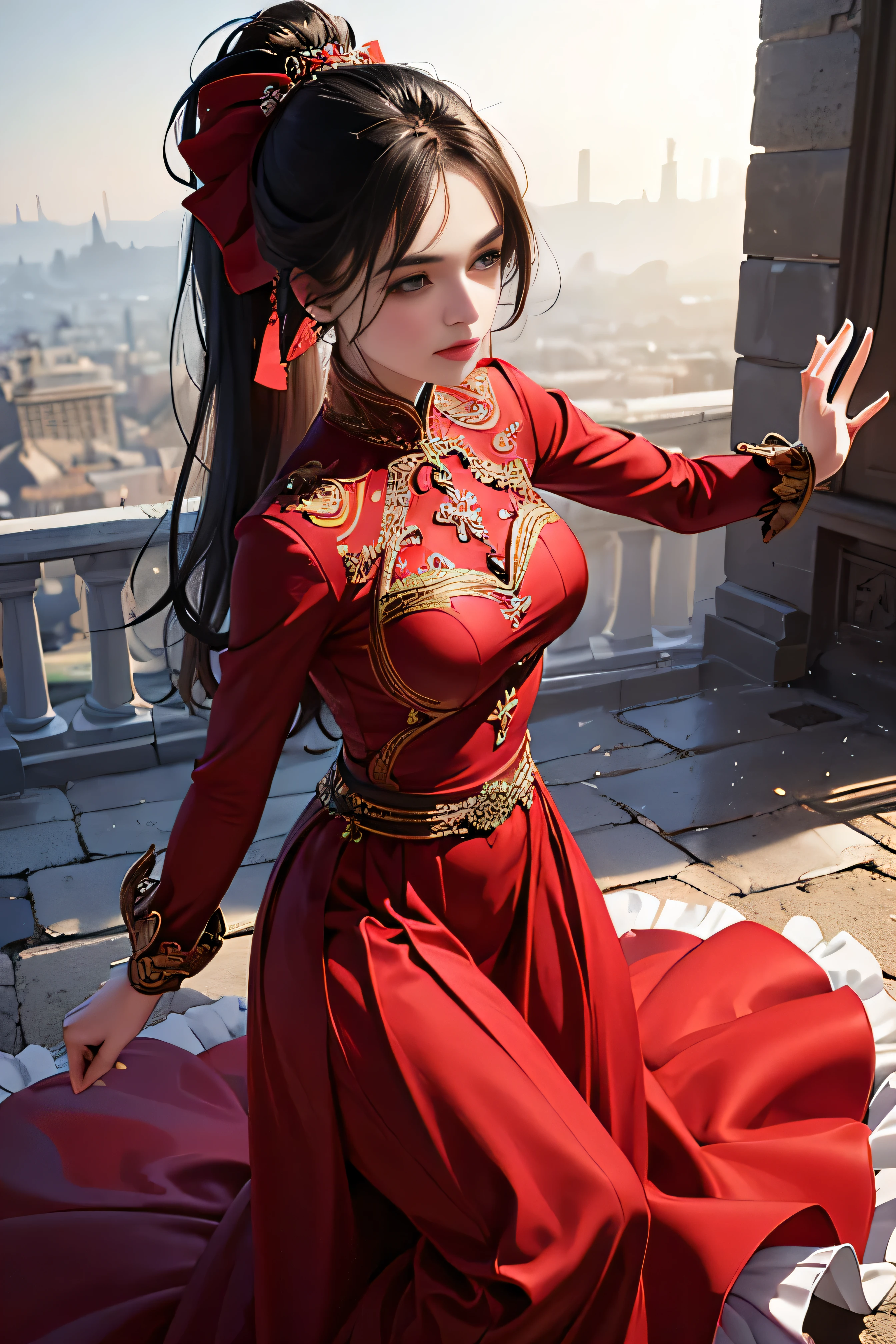 (skindentation:1.5), Realistic, Photorealistic, (masterpiece:1.5), concept art, intricate details, highly detailed, photorealistic, octane render, 8k, unreal engine, dynamic pose, best quality, highres, (realistic face:1.1), (hyperrealistic:1.1), (((full_body))), perfect eyes,(shiny skin:1.2), perfect hand, extremely detailed background, ((dynamic background)), ((1girl)), ((wearing red long fluffy dress)), ((detailed eyes, high quality eyes, high quality face)), long black hair, messy ponytail, dramatic, depth of field, bokeh, 4k, ancient city ruin, dancer, (((dancing))), long sleeves, (((red long chiffon dress))), turtle neck