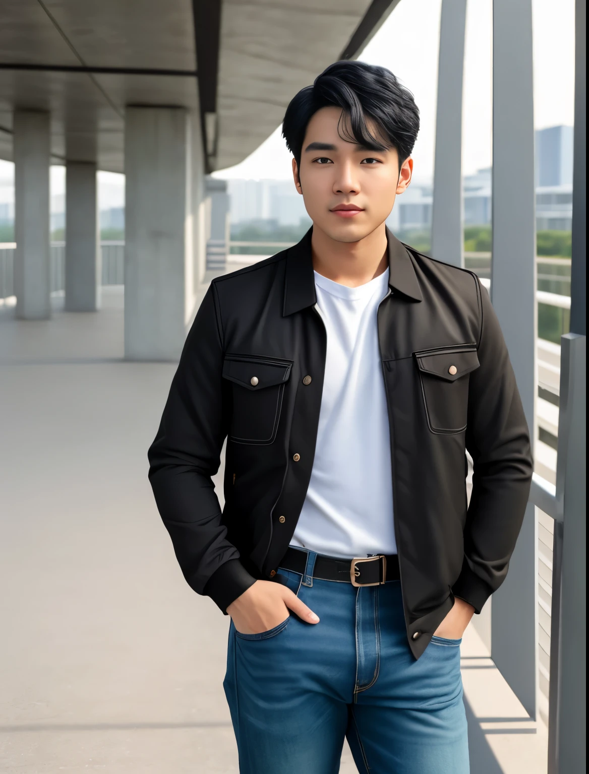 best quality, ultra photorealistic, photorealism, 8k, photograph, photo of a young man 29 yo:1.2(her face mixture Indonesian and Korean) , engineer suited, short comma hair light black hair, fit, beautiful, (effeminate), (shaved), eyeliner, standing on the walkway, background is a cro...