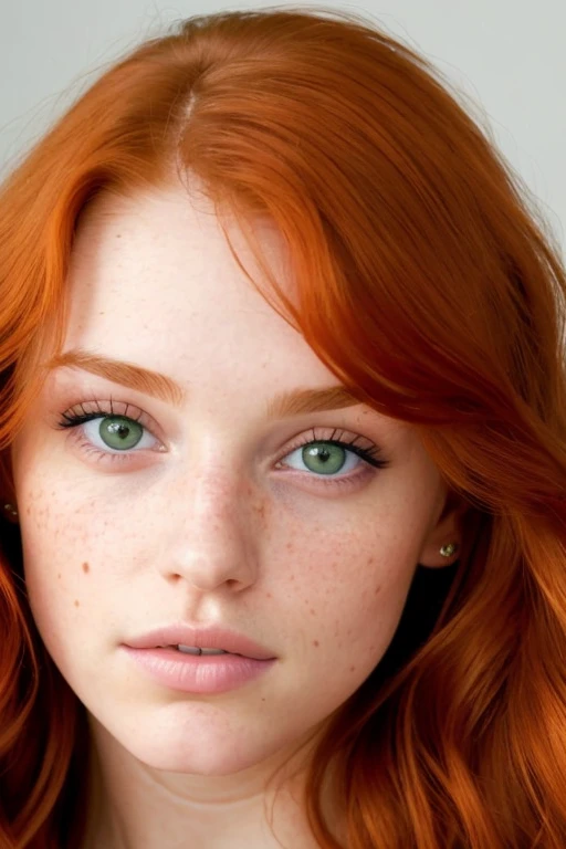 (close-up editorial photo of 20 yo woman, ginger  hair, slim American sweetheart), (freckles:0.8), (lips parted), realistic green eyes, POV, realistic[:, (film grain, 25mm, f/1.2, dof, bokeh, beautiful symmetrical face, perfect sparkling eyes, well defined pupils, high contrast eyes, ultra detailed skin, skin pores, vellus hair, fabric stitching, fabric texture, wood grain, stone texture, finely detailed features:1):0.9]