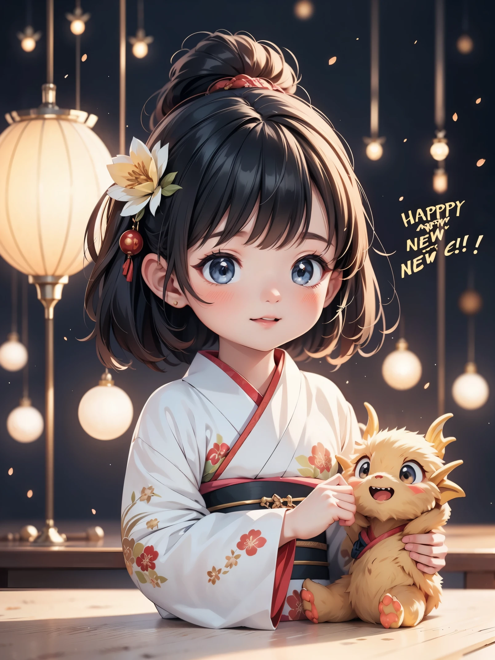 ​masterpiece, top-quality, the Extremely Detailed CG Unity 8K Wallpapers, Ultra-realistic 8kCG, erfect artwork, message card design, the text"HAPPY NEW YEAR 2024", A logo"HAPPY NEW YEAR 2024", 1womanl, Woman in Kimono, beautiful female model, Dragon character, Texto"HAPPY NEW YEAR 2024",  new year greetings, 8K分辨率, Professional Lighting, (glistning skin:0.9), perfect hand,A logoデザイン"HAPPY NEW YEAR 2024",