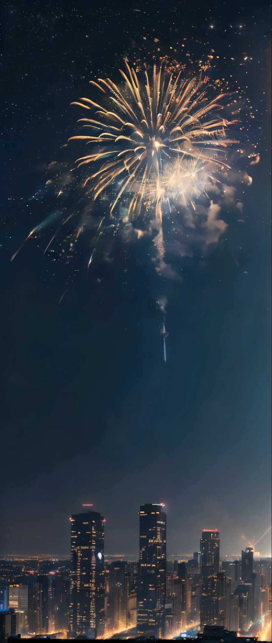 ((Realistic light, Best Quality, 8K, masterpiece: 1.3)), Late night building street, ((Electric bulletin board on the building wall〝0:Displays 00″ hours)), ((Crowd looking up at the night sky)), ((Many big fireworks are set off)), Cyber City, photoRealstic, in the middle of a big intersection, View the sky between the buildings from below,