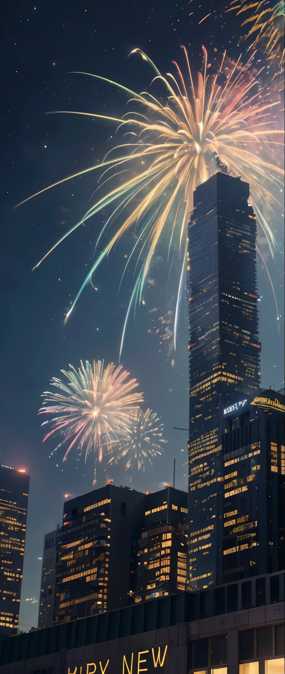 ((Realistic light, Best Quality, 8K, masterpiece: 1.3)), (((Night city with colorful lights, A lot of people are walking, Big letters are written on the wall of the building.. "Happy New Year 2024":1.3))),, ((Crowd looking up at the night sky)), ((Many big fireworks are set off)), Cyber City, photoRealstic, in the middle of a big intersection, View the sky between the buildings from below,