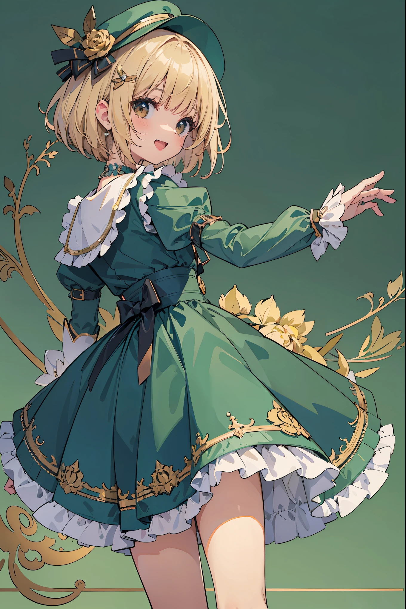 (masterpiece:1.2), best texture, side view, cowboy shot, 1girl solo, bob cut, (blonde hair), bangs, hair ornament, hat ornament, blue rose ornament, cute face, brown eyes, cheerful smile, open mouth, looking at viewer,
best quality, classic frilled dress, puffy sleeves, luxury necklace, fashion model pose, posed arms, standing, contrapposto, frilled tiered skirt, outline, BREAK
(super detailed:1.2), absurdres absolutely resolution, light green theme, cropped decorative background, elegance design,