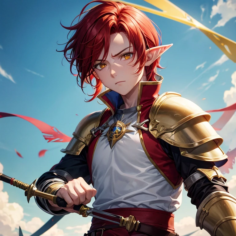 1guy red hair medium hair, shiny hair, yellow eyes,  sky blue shirt, short serves, upper body, elf ears, rapier, piecemail armor