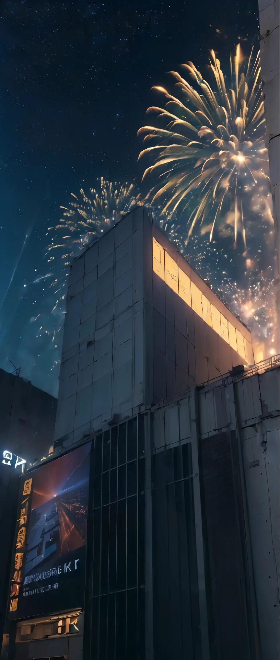 ((Realistic light, Best Quality, 8K, ​masterpiece: 1.3)), Late night building street, Electric bulletin board on the building wall〝0:display 00 inch, ((Crowd looking up at the night sky)), ((Many big fireworks are set off)), Cyber City, photoRealstic, in the middle of a big intersection, View of the sky between the buildings from below,