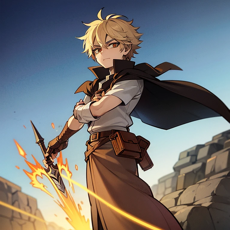 Anime image of a boy who has medieval clothes with a small cape and is on a rock holding two huge swords in both hands and is on top of a rock
