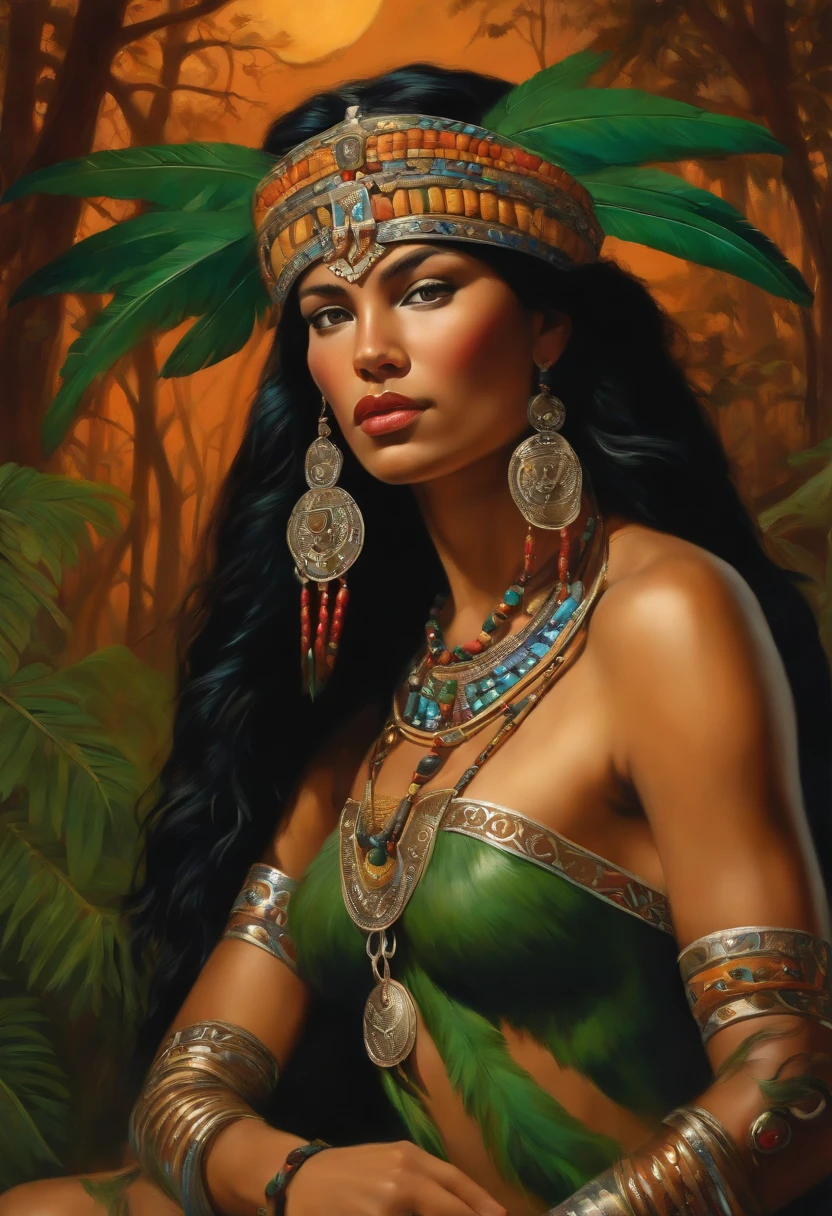 Painting of A young woman of radiant beauty, ((the most beautiful cabocla in the world)), 18 years old, indigenous, ((full body)), ((strong body, muscular legs)), ((indigenous headdress with colorful feathers on her head )), long black hair, braided over her shoulders, ((green panther eyes, magnetic)), ((square face and sunken chin)), ((strong expression of a female warrior)), ((hypnotic beauty)), sexy and sensual, indigenous body paintings, body and beauty of a Goddess, ((wearing wild animal skin)), ((in the background a sacred temple in the middle of a forest on a full moon night)), ((style of baroque painting)), ((with panthers and jaguars))
