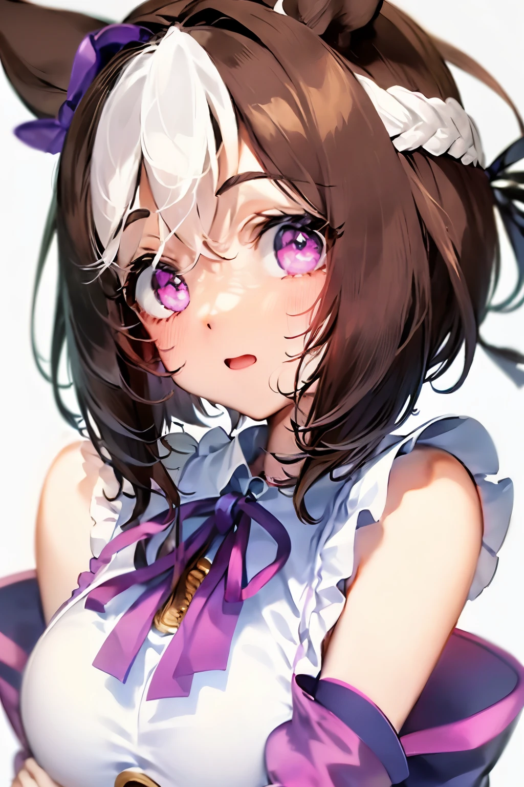 special_week_\(Umamusume)、bow ribbon、bow ribbon、bow ribbon、corsets、Fluffy breasts、nursing、toppless、teats、The upper part of the body、(Refers to the viewer:1.3)、Happiness、(White background:1.5)、(front-facing view:1.3)