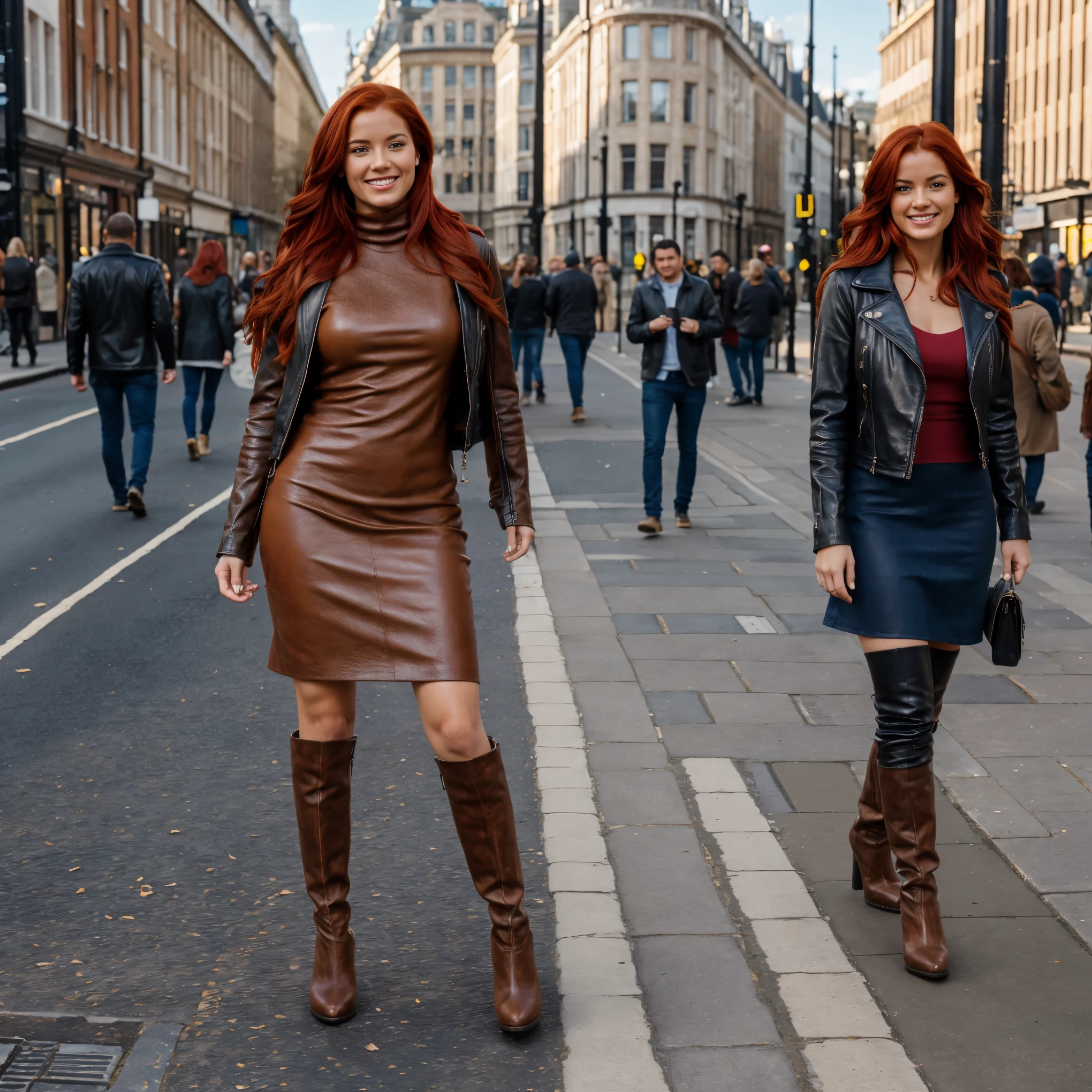 Bot Upscaling Default 16:44:11 8K, Best quality, masterpiece, ultra high res, (photorealistic:1.4), raw photo, (Authentic skin texture:1.3), (film grain:1.3), solo red hair woman standing in the middle of the street in London, full body shot, beautiful big smile, wearing long knit tight dress and heel boots, a leather jacket and holding a handbag, anatomically correct, sunlight, blue sky, natural skin