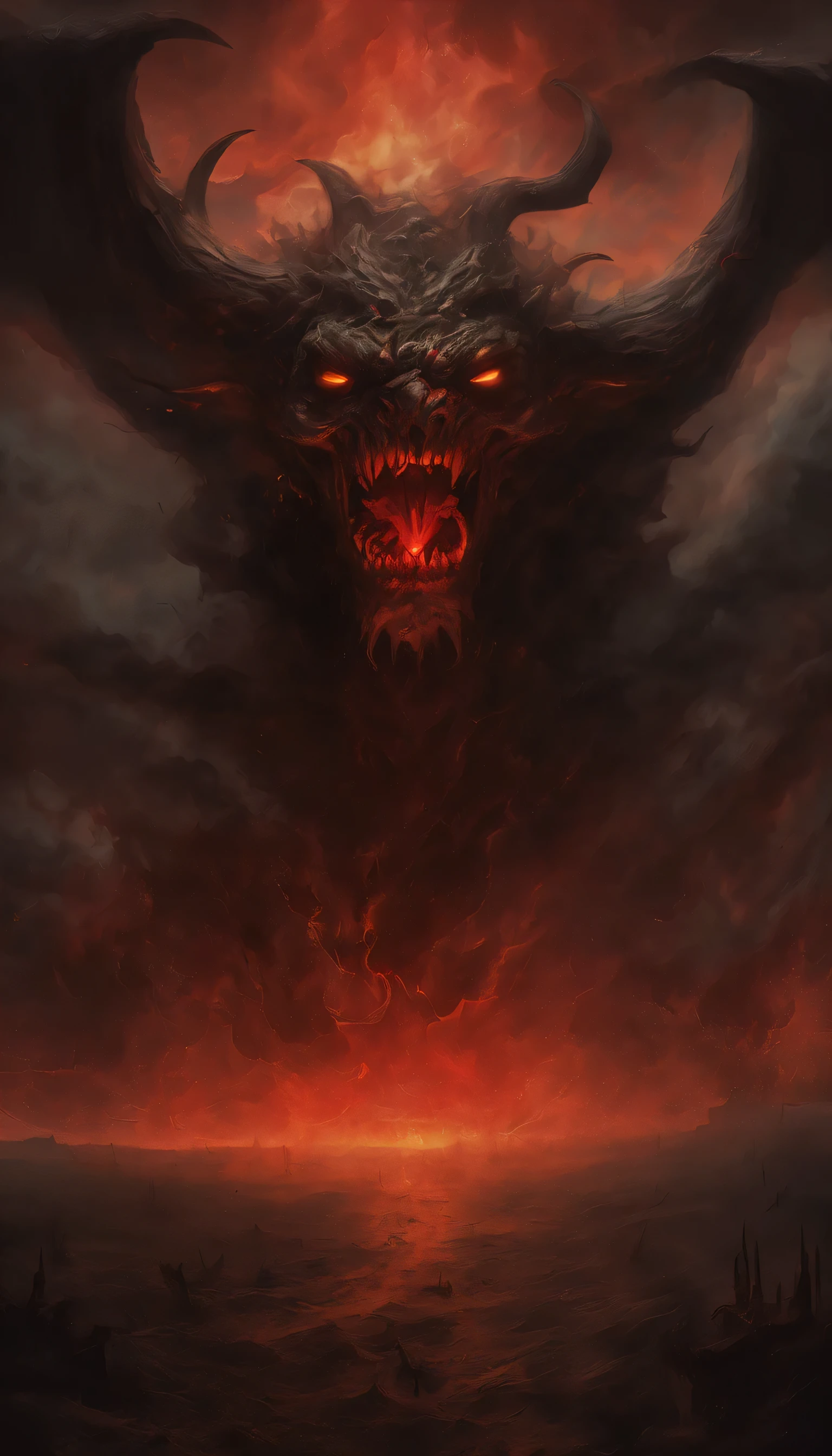 (Best quality,A high resolution:1.2),(Dark,menacing:1.1),(sinister:1.1),(Devil,satan,Lucifer:1.1),(The demons:1.1),(Ominous,Foreboding:1.1),(Powerful figure:1.1),(Red glowing eyes,Sharp teeth:1.1),(Black wings,Thick,Tattered:1.1),(Hell landscape:1.1),(Fire,brimstone:1.1),(Threatening atmosphere:1.1),(Dark shadows,Menacing presence:1.1),(Ominous clouds,Stormy sky:1.1),(Gloomy,Unforgettable mood:1.1),(Ominous aura,evil energy:1.1),(Dark aura,Smoke:1.1),(intense heat,fiery flames:1.1),(Surreal,Nightmarish vision:1.1),(Prophecy of the book of Revelation:1.1),(Twisted horns,Blazing Crown:1.1),(Ominous whisper,Evil laughter:1.1),(Screams of torment,Echoing cries:1.1),(Ominous symbols,Ancient runes:1.1),(Mystical Artifacts,Shadow artifacts:1.1),(Hell Rituals,Ritual sacrifices:1.1),(Demon Servant，,Dark creatures:1.1),(Desolate,barren wasteland:1.1),(Academy of Souls,Tormented souls:1.1),(Eternal curse,Desperate life:1.1),(The destruction of the end of the world,The world is in chaos:1.1),(Malicious intent,The embodiment of darkness:1.1),(A gateway to the underworld,Nightmare realm:1.1),(funk,terroral:sankta].