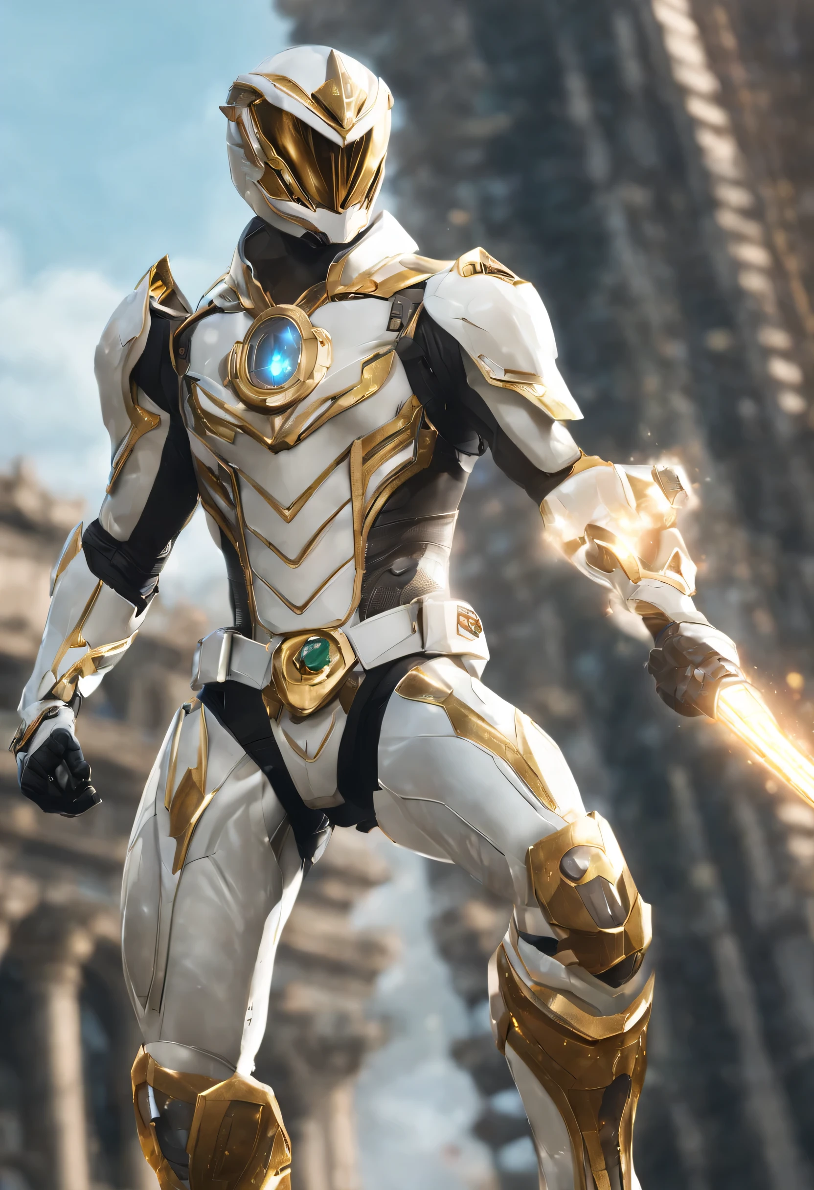 Ranger Branco, Nanotechnology armor, corpo inteiro, Estilo DC Comics, alta qualidade, best quality, brilhante, Detalhes do Fractal da Luz do Sol, profundidade de campo, courtyard, rosto bonito detalhado, apocalyptic ambience, postura corporal natural, professional photographie, captured with professional DSLR camera, ArtStation Trends, 64 mil, ultra detalhado, ultra preciso detalhado, lighting  bokeh, Surrealismo, Fundo de Thomas Kinkade, Urbano, motor ultra irreal, WLOP, Pauline Voß, Pascal Quidault, ((DNA Dota)), Cristiano Schob, Martina Fackova, ((corpo inteiro))