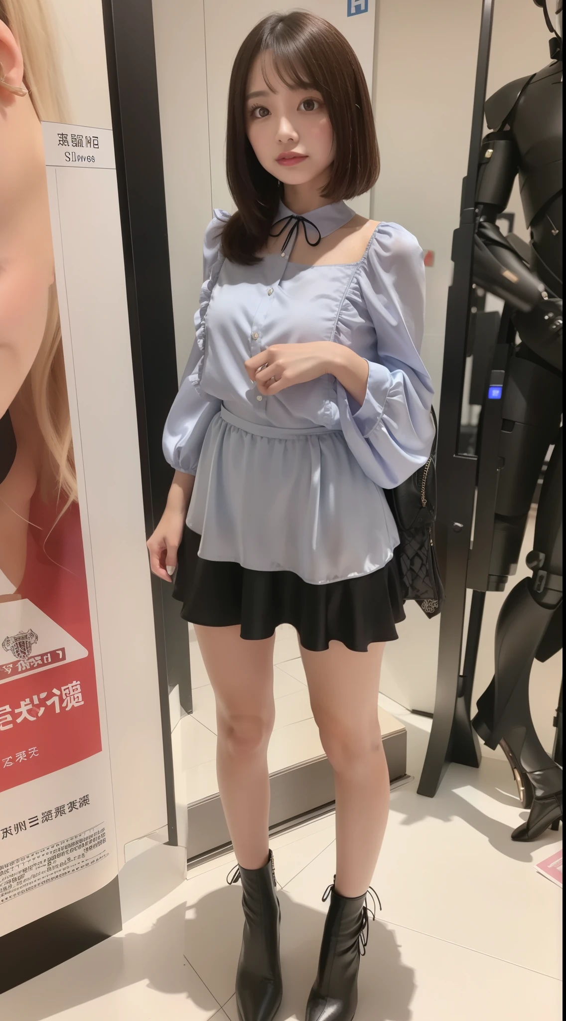 Silver satin ruffled blouse, black mini skirt