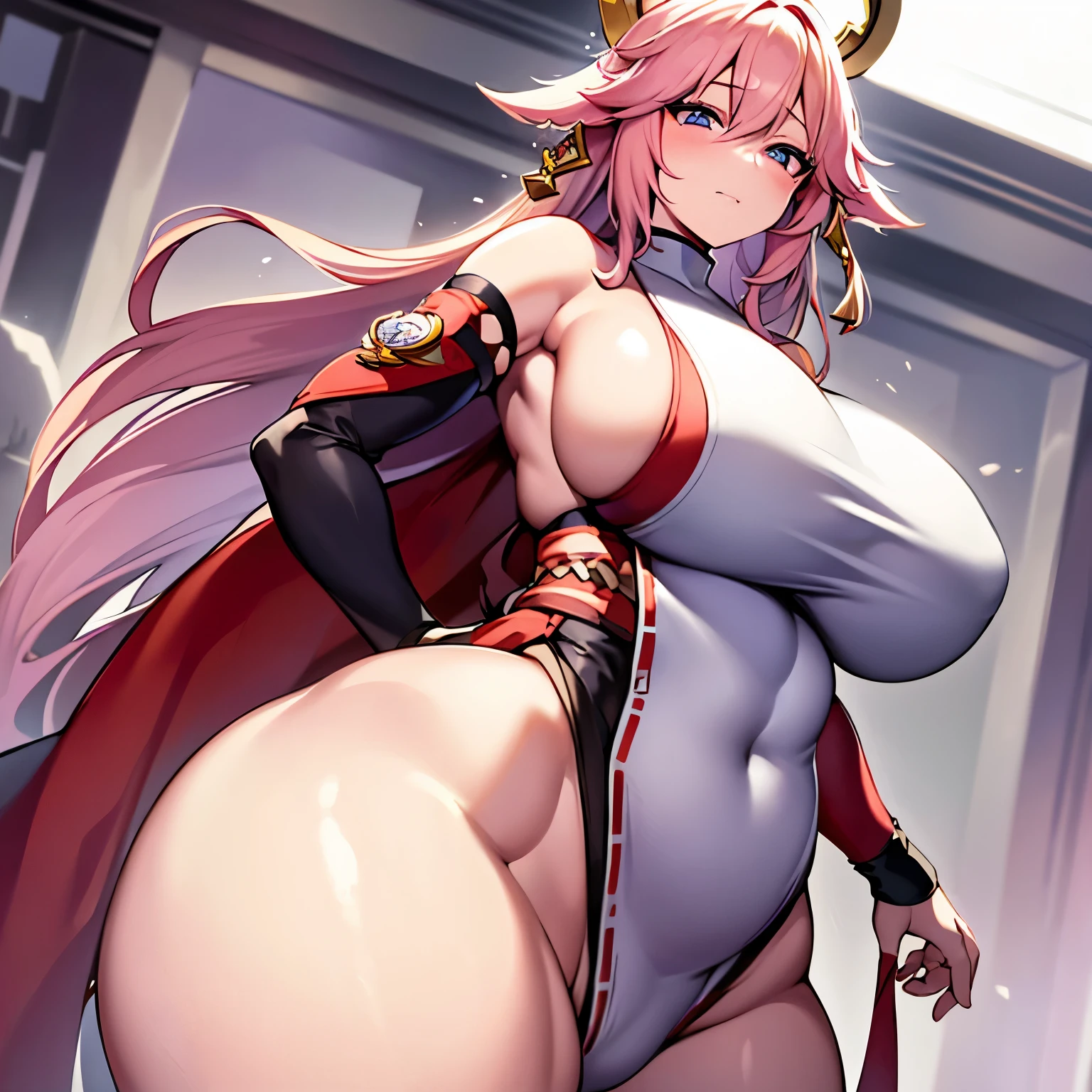 ((extreme detail)),(ultra-detailed), extremely detailed CG unity 8k wallpaper, best quality, Yae_Miko_Genshin_Impact, bodysuit, posing, cowboy shot, lens flare. Girl with thick fat chunky physique. Her height is around 5 feet 2 inches (157 cm), with a huge mommy body. Her skin tone is fair and smooth, giving her an older appearance. In terms of facial features, Hinata has a soft and gentle countenance. She has a slim nose, and her lips are naturally pink and slightly full. Her eyebrows are well-shaped and neatly arched, framing her eyes beautifully. Her boobs are huge and well-shaped. they are massive and u can see a nipple outline Overall, Hinata's appearance is characterized by her serene and kind expression, representing her gentle nature. A sexy girl with huge boobs and a thick body is wearing a body-tight suit where you can see all of her curves and nipple outline white hair. She is thick busty fat and has huge boobs her suit is very very tight and covers her whole body you can see all of her curves and body. Full body suit very tight you can see her full body