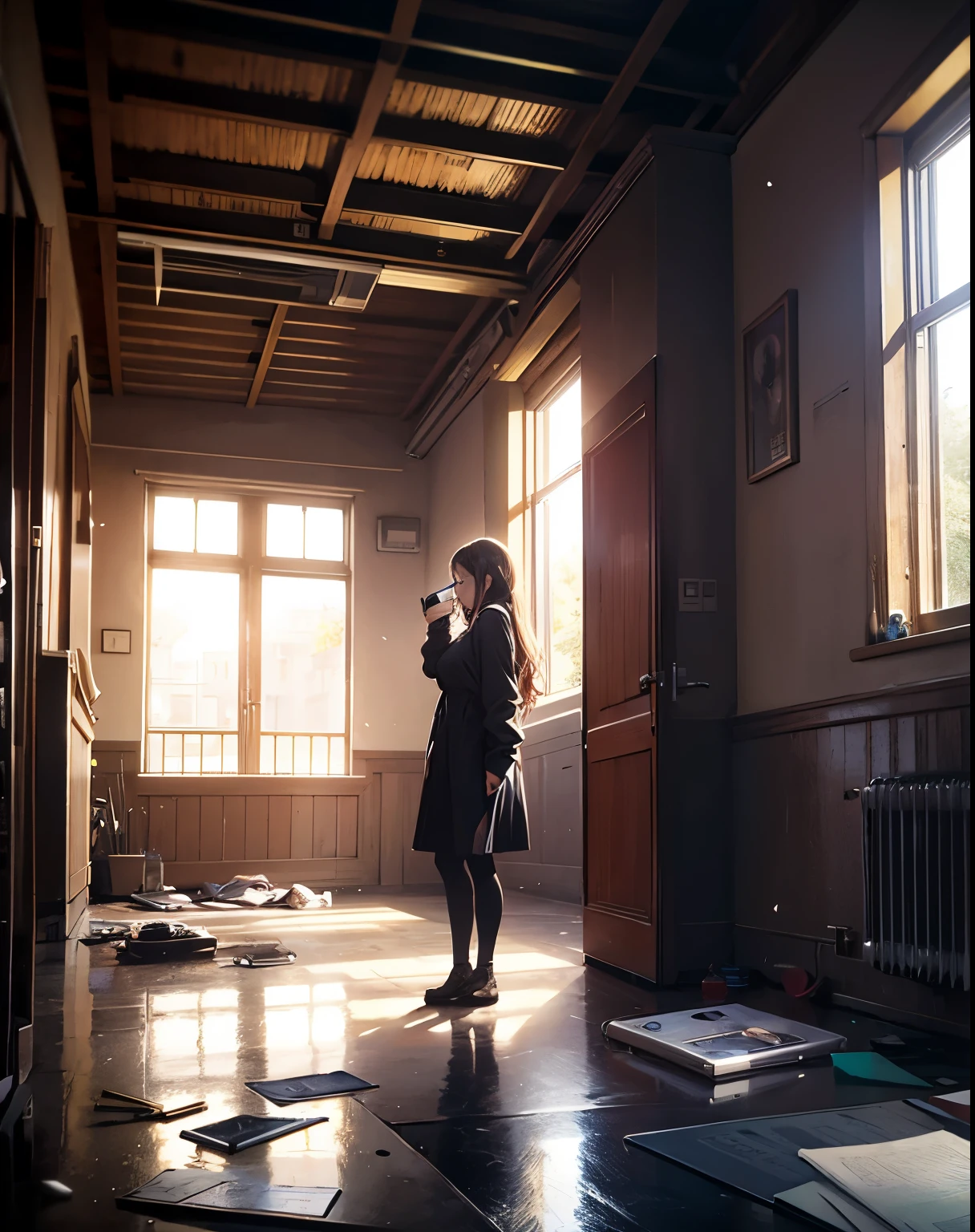 no windows. A room that is closed.. The room is messy. A mobile phone and a hand mirror are on the floor.. la mujer esta mirando hacia abajo. La mujer no puede ver su cara. Una mujer sosteniendo sus rodillas sobre una cama.. genial. Alta calidad en cada detalle..