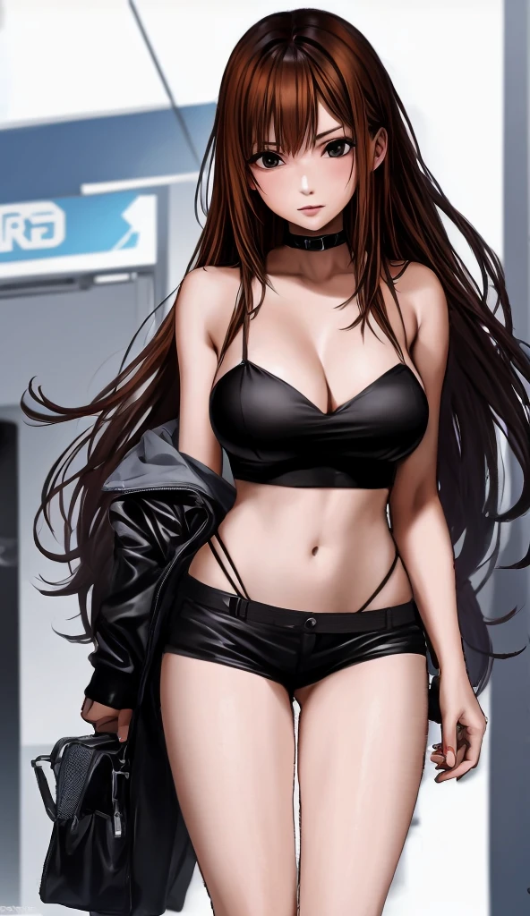A beautiful adult woman with shoulder-length long hair, big breasts, beautiful legs, and a sharp face is provoking a middle-aged man in a suit at a convenience store wearing a black tube top that exposes her navel and hot pants shaped like black panties. standing。