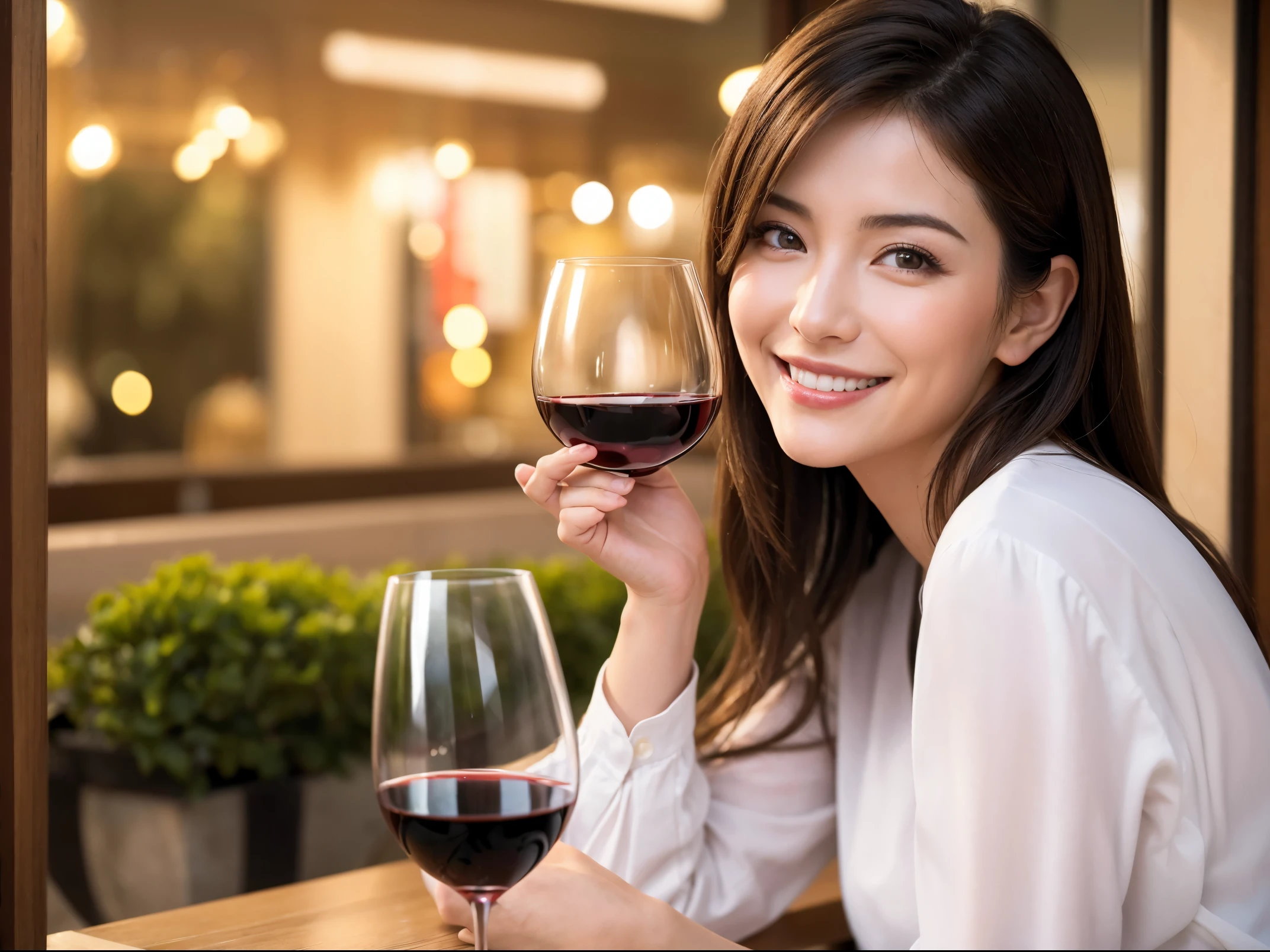 (64k uhd, nffsw, of the highest quality, masutepiece: 1.2), (Realistic, Photorealistic: 1.37), Pretty Woman 1, (Slim Face), (slimボティ), (Brown hair), (short-cut), Italian、Spaniard、Dutchman、Americana、Frenchman、cheeks blush a little, (40 years old), 38 years, Solo, A beautiful and detailed night view spreads out outside the window.........., restaurant, wine glassesに座って, At night, In a prominent place (from waist up) NovaFrogStyle, actress, Model, waist-up, white wine, slim, wine glasses, Super clean night view, 真ん中に置かれたwine glasses, Happy smile, (Smile: 1.15), Beautiful fine eyes, Upper body, Bust Japan Up, Night, Short, Short, actress, Model, waist-up, white wine, slim, wine glasses, Super clean night view, 真ん中に置かれたwine glasses, Happy smile,