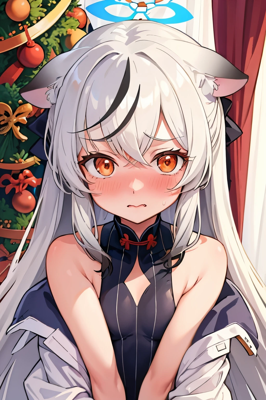 1girl, kokona, indoors, orange eyes, white hair, :3 mouth, embarrassed, beautiful eyes, beautiful lips, shiny lips, extremely detailed eyes and face, long eyelashes, close-up, warm lighting, vibrant colors, looking at the viewer, embarrassed look, blush, Christmas outfit, Christmas atmosphere