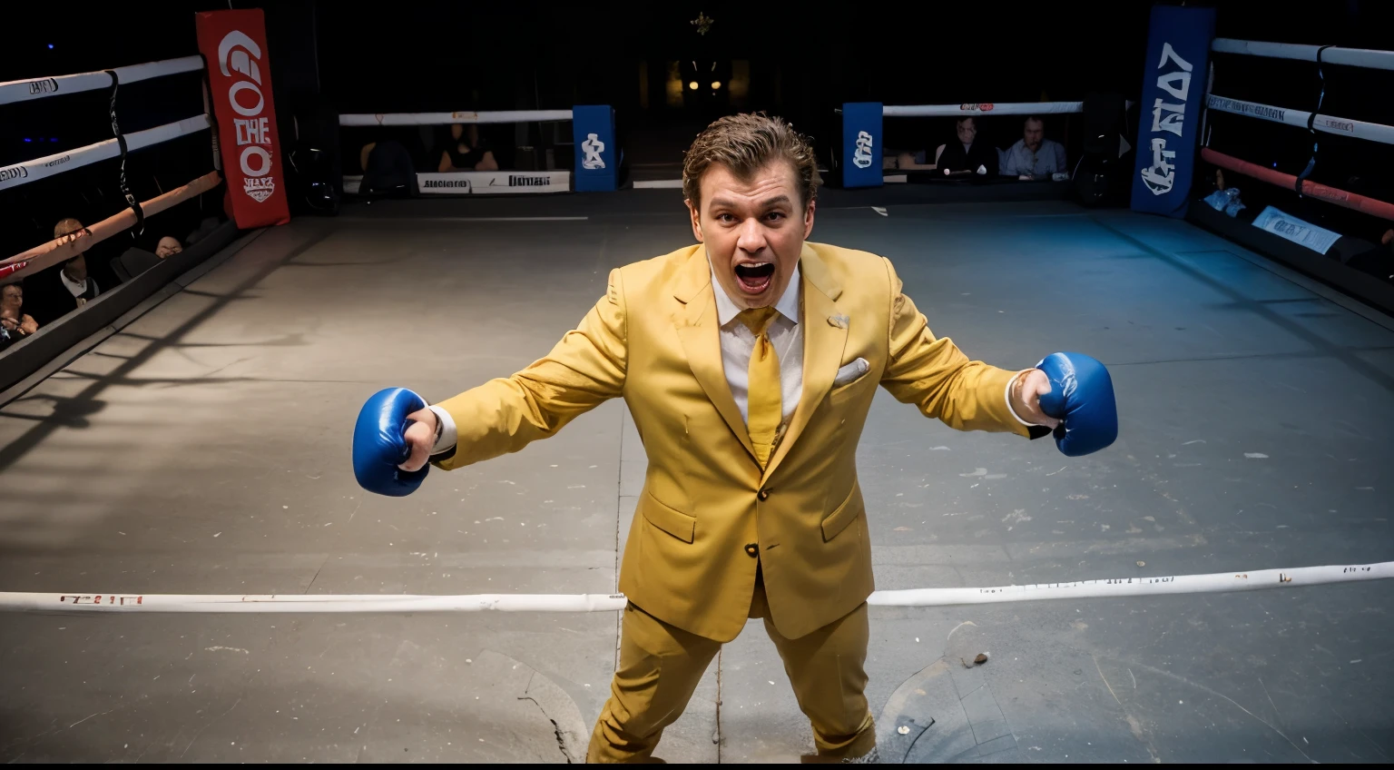 businessman boxing, completely crazy and disheveled, wearing a yellow suit and tie, in a ring lit from above with strong light blue colors. businessman fights in a clumsy way