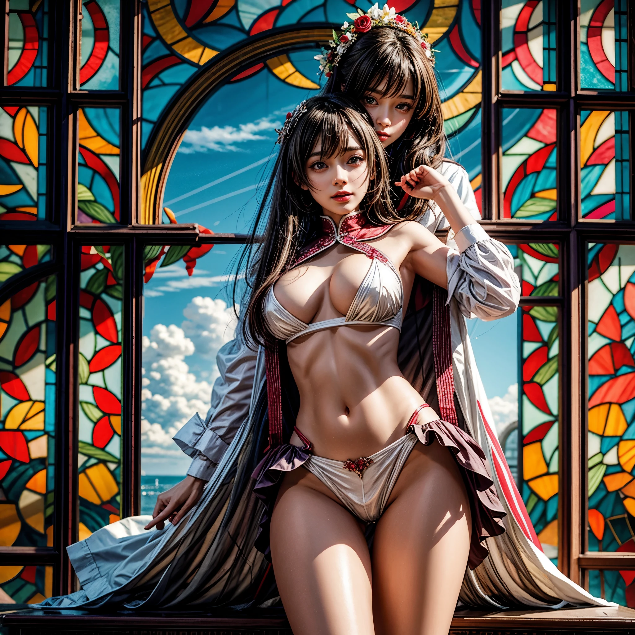 White and Red, (Dazzling colorful light pours down and reflects:1.2), (Physically-based Rendering with incredible detailed Textures), Award-winning Masterpiece of professional Analogue photograpy, { (((Photorealistic:1.37))) | (F4.0, Canon) }, ((Acutance:0.85)) . (A group photo of many KAWAII girls in (school uniform)) with half opened Cleavage without bra . (((Extremely detailed KAWAII face variations)) with joyful expressions), { Systemic | Glossy cute Lips Closeup | Navel | (pretty Ass) | (Overflowing underboob) | Oiled ivory skin Details | White panties with (blood seeping only in crotch area) | Kissing face to face } . { ((full of Flowers covering girl's body)) | (((Dazzling colorful stained glass with stunning elaborate details:1.2))) | Mystic sight | A Floating Halo appears | God rays | Haze | Lens flare | Zoom Layer } . (NSFW:-1), (Exposed:-0.1), (((Nipple:-0.9))), ((not Detailed hand:-0.9)), ((Joint at impossible angle:-0.9)) .