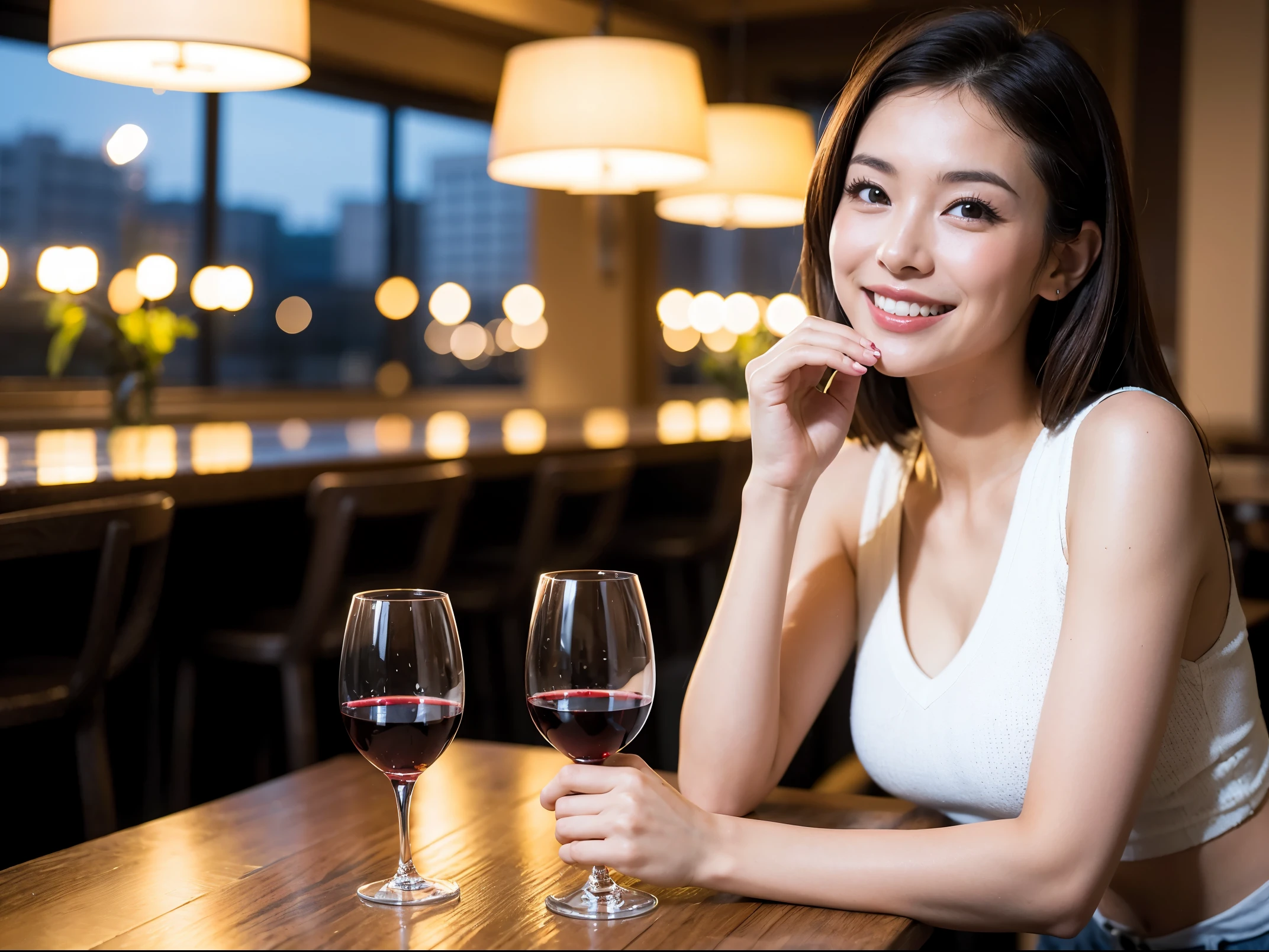 (64k uhd, nffsw, of the highest quality, masutepiece: 1.2), (Realistic, Photorealistic: 1.37), Pretty Woman 1, (Slim Face), (slimボティ), (Brown hair), (short-cut), Dutchman、Americana、Frenchman、cheeks blush a little, (40 years old), 38 years, Solo, A beautiful and detailed night view spreads out outside the window........, restaurant, wine glassesに座って, At night, In a prominent place (from waist up) NovaFrogStyle, actress, Model, waist-up, white wine, slim, wine glasses, Super clean night view, 真ん中に置かれたwine glasses, Happy smile, (Smile: 1.15), Beautiful fine eyes, Upper body, Bust Japan Up, Night, Short, Short, actress, Model, waist-up, white wine, slim, wine glasses, Super clean night view, 真ん中に置かれたwine glasses, Happy smile,