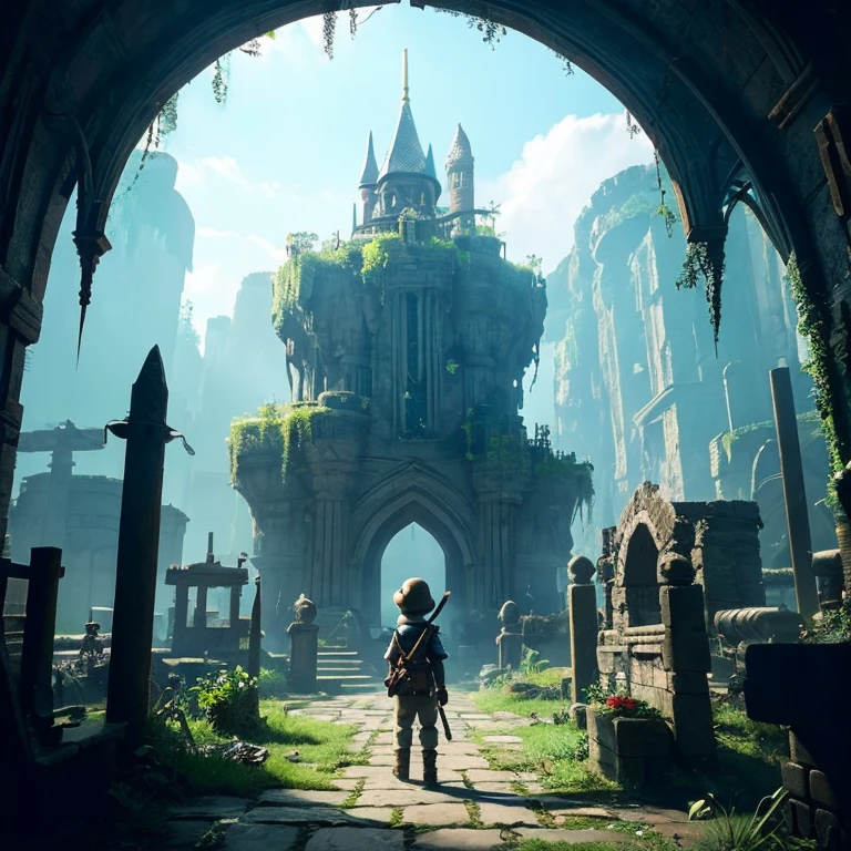 (((Fantasy world))),(ruins site)1 little adventurer,male child,Have a lantern,(2 golems)Mossy,battered,It won't move anymore,Fantastical,Sunlight,Sunnyday,blue-sky,uni