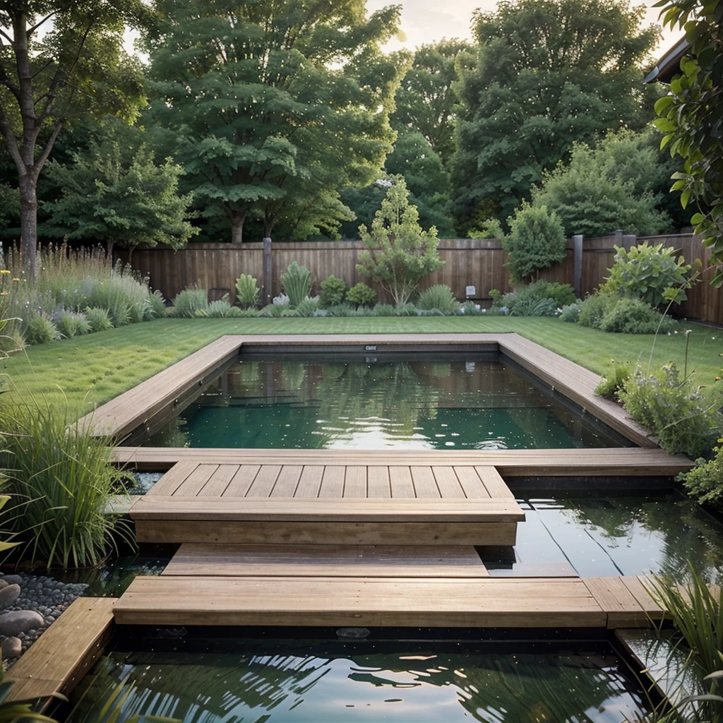 "Create an idyllic design for a small swimming pond nestled in a garden setting, complemented by a dedicated area for relaxation and the addition of a sauna for a perfect blend of tranquility and wellness."