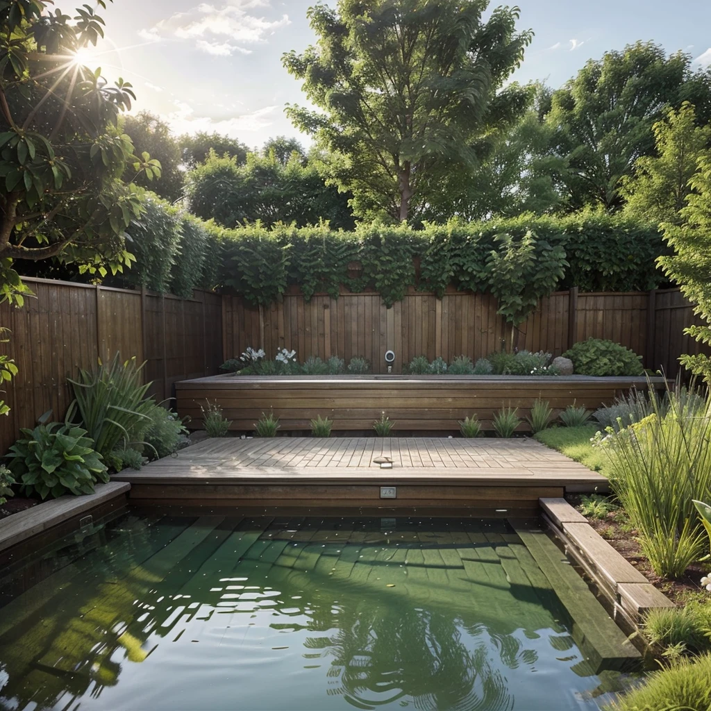 "Create an idyllic design for a small swimming pond nestled in a garden setting, complemented by a dedicated area for relaxation and the addition of a sauna for a perfect blend of tranquility and wellness."
