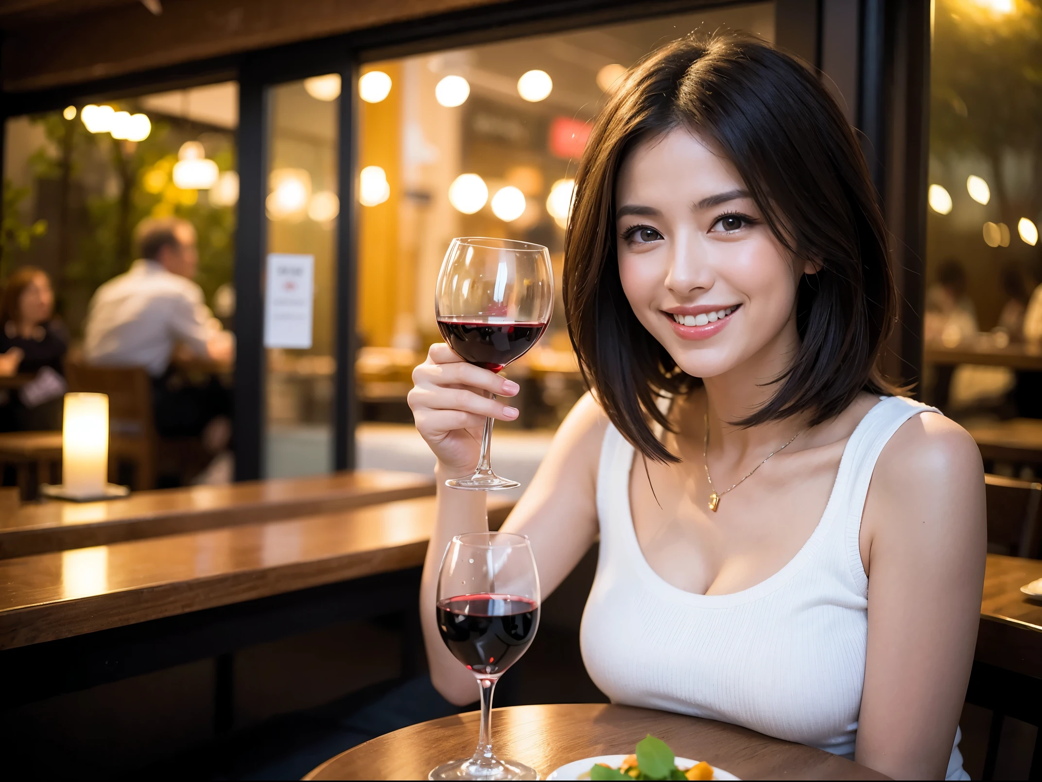 (64k uhd, nffsw, of the highest quality, masutepiece: 1.2), (Realistic, Photorealistic: 1.37), Pretty Woman 1, (Slim Face), (slimボティ), (Brown hair), (short-cut), Dutchman、Americana、Frenchman、cheeks blush a little, (40 years old), 38 years, Solo, A beautiful and detailed night view spreads out outside the window........, restaurant, wine glassesに座って, At night, In a prominent place (from waist up) NovaFrogStyle, actress, Model, waist-up, white wine, slim, wine glasses, Super clean night view, 真ん中に置かれたwine glasses, Happy smile, (Smile: 1.15), Beautiful fine eyes, Upper body, Bust Japan Up, Night, Short, Short, actress, Model, waist-up, white wine, slim, wine glasses, Super clean night view, 真ん中に置かれたwine glasses, Happy smile,