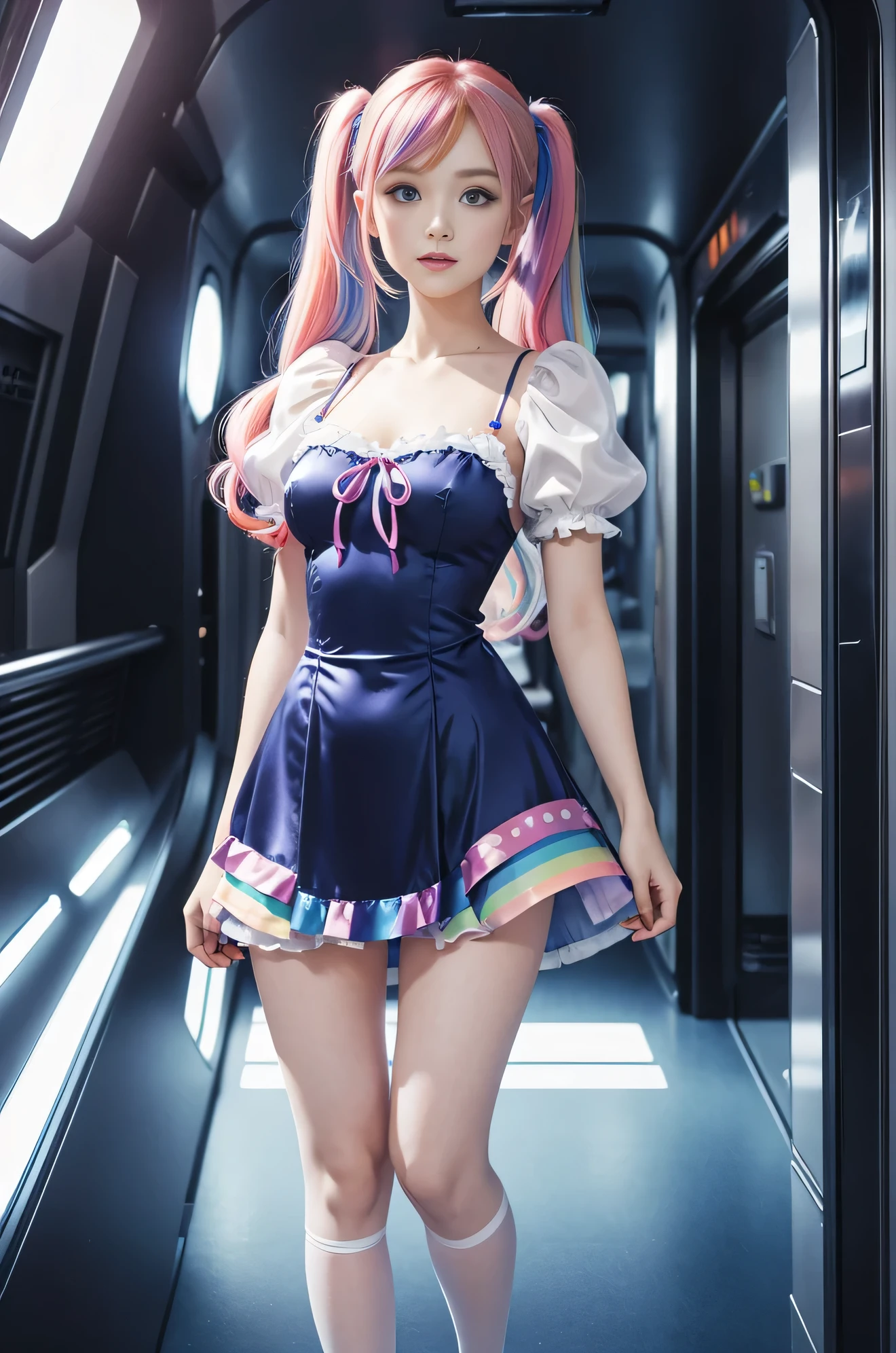 Cute redhead with rainbow colored hair tips, ribbons in her hair, 18-year-old woman, happy, in twin tails, perfect eyes, clear sparkling blue eyes, pale skin, silky smooth skin, standing on a fancy metal luxurious space ship, futuristic corridor, dark warm lighting, wearing a futuristic party dress, pleated (chemise) mini dress (pastel rainbow colors, and polka dots), puffy sleeves, silk, wearing full body pantyhose, cute short cut booties.