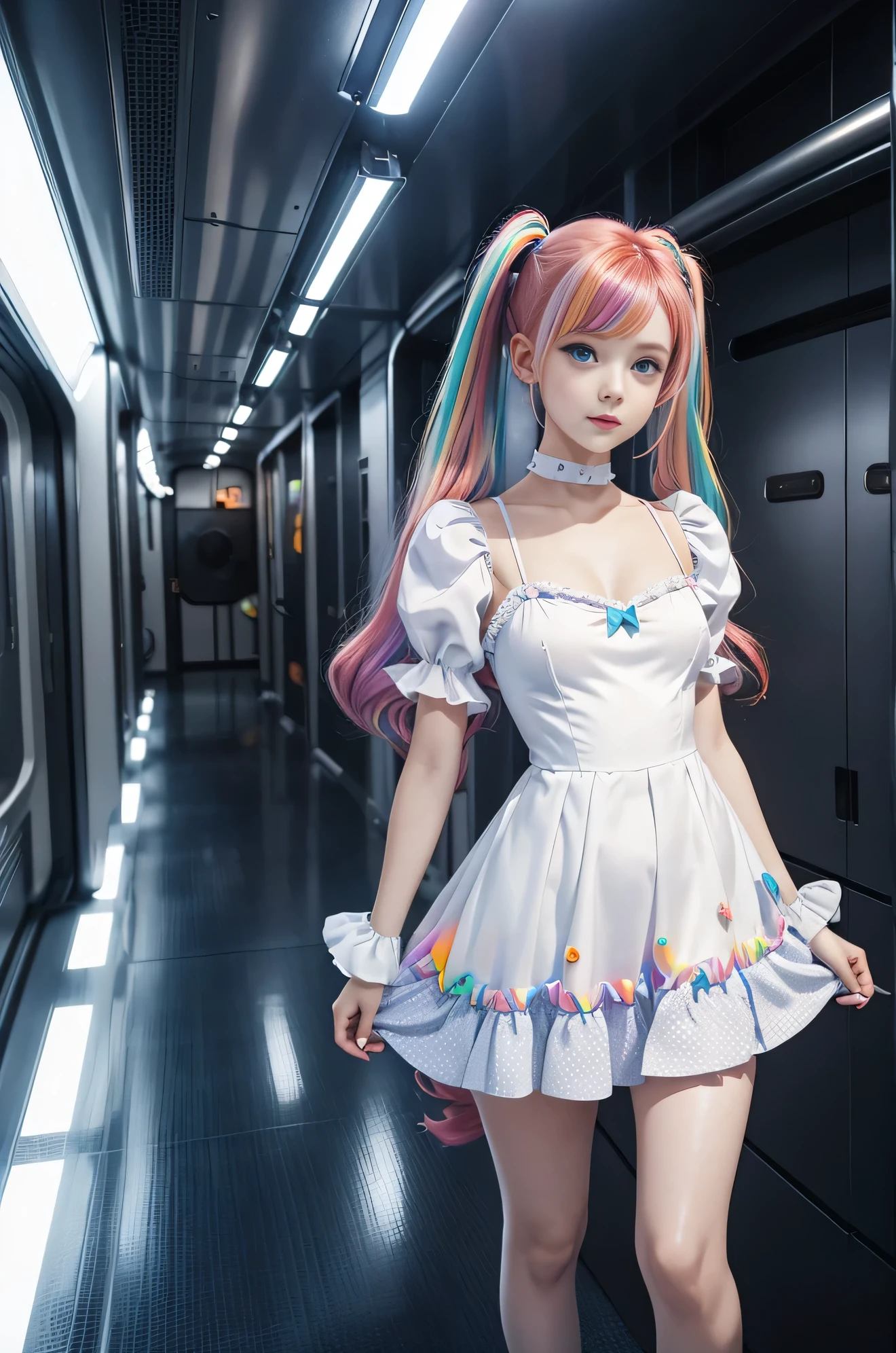 Cute redhead with rainbow colored hair tips, ribbons in her hair, 18-year-old woman, happy, in twin tails, perfect eyes, clear sparkling blue eyes, pale skin, silky smooth skin, standing on a fancy metal luxurious space ship, futuristic corridor, dark warm lighting, wearing a futuristic party dress, pleated (chemise) mini dress (pastel rainbow colors, and polka dots), puffy sleeves, silk, wearing full body pantyhose, cute short cut booties.
