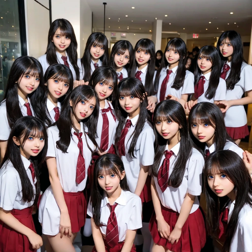 Raw photo、(((multiple girls))),((((6+girls)))),((((100girls)))),((((1000girls))))、((((100 Girls))))、Women only、The same face、((matching school uniform))、((((Large group))))、************、Long black hair、100 cute high school girls on their way to school、a smile、Commuting to school、School route、In the street、selfee、same person、High school students