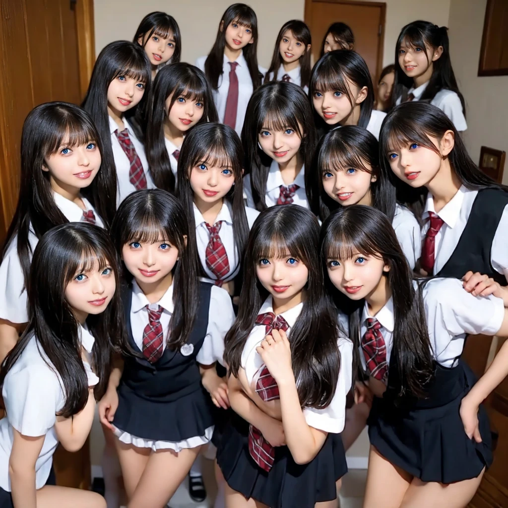 Raw photo、(((multiple girls))),((((6+girls)))),((((100girls)))),((((1000girls))))、((((100 Girls))))、Women only、The same face、((matching school uniform))、((((Large group))))、************、Long black hair、100 cute high school girls on their way to school、a smile、Commuting to school、School route、In the street、selfee、same person、High school students