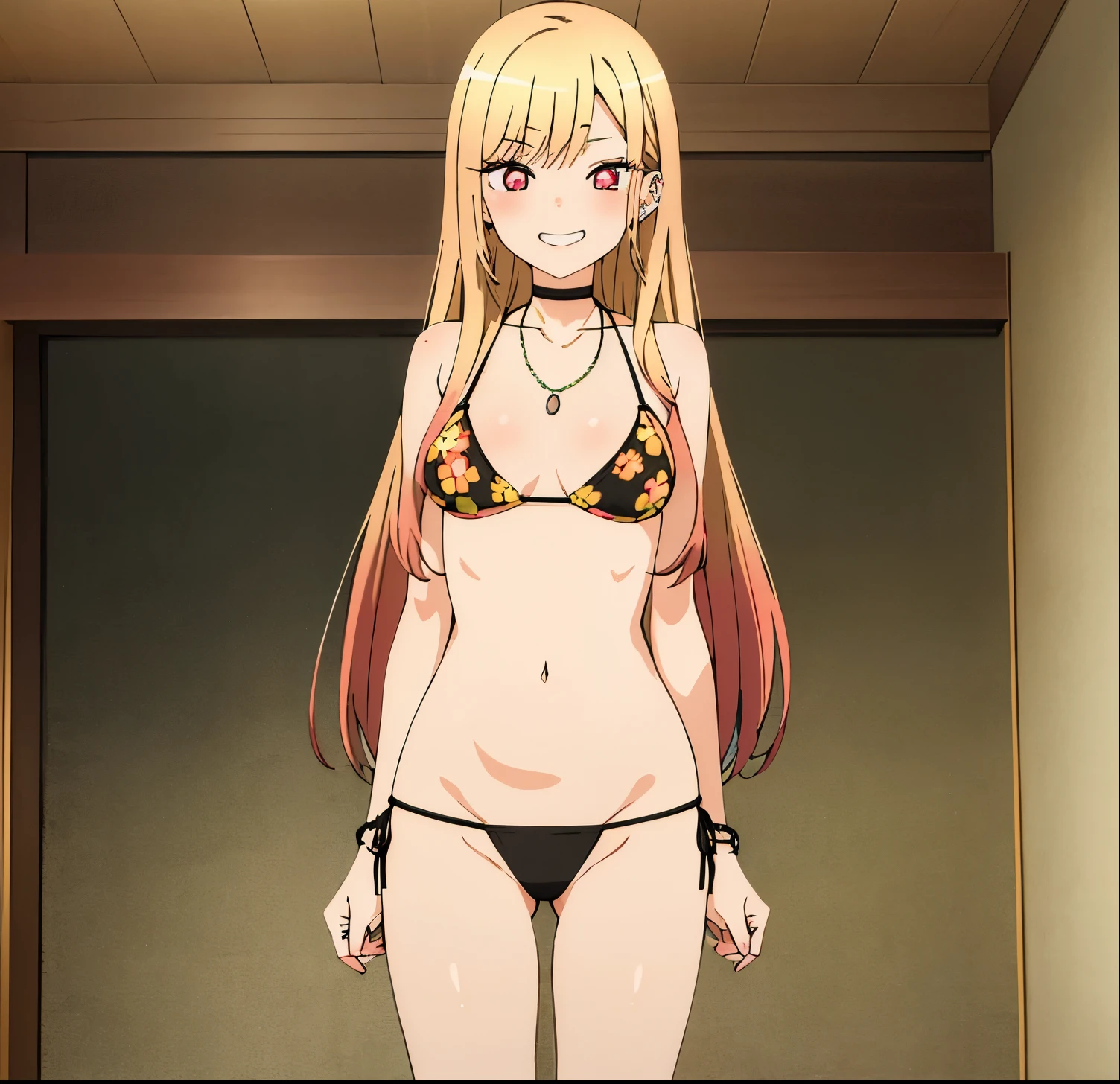 masterpiece, best quality, highres, kitagawa marin, 1girl, alone blonde hair, long hair, multicolored hair, red eyes, jewelry, necklace, choker, black bikini, floral print, bracelet, side-tie bikini bottom, , cowboy shot, indoors, room, standing, grin, straight-on, arms at sides, good hands, good anatomy