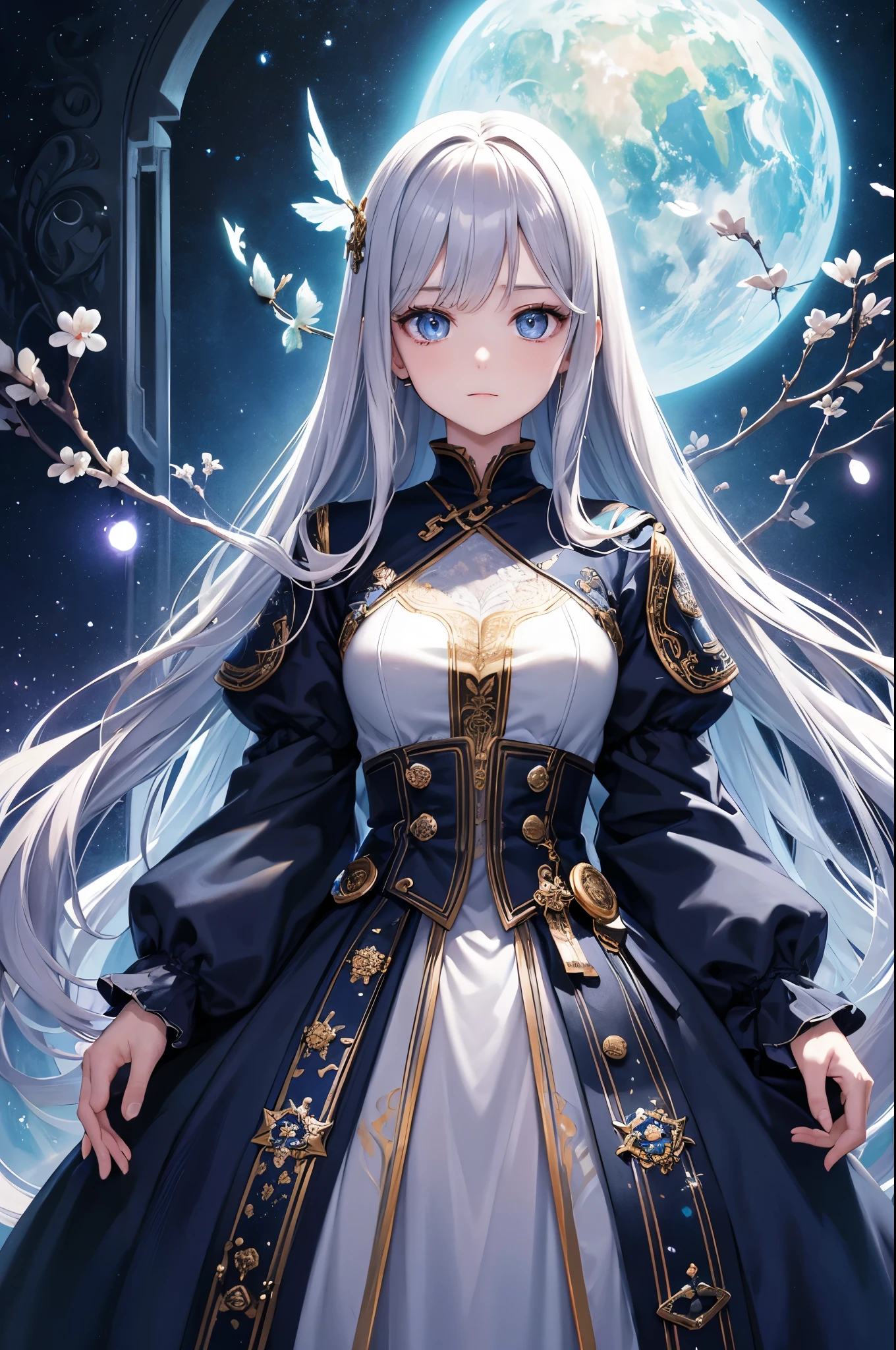 ultra-detailliert、animesqueillustratio、2D beautiful girl、top-quality、Top image quality、masterpiece、超A high resolution、android beautiful girl、sixteen years old, Fractal art,Silvery long-haired、Blue eyes、A slender、The face is depicted in detail、The eyes are very detailed、The clothes are also depicted in detail、hiquality、Beautiful Art、Fantastic Universe、Elaborate design、1 persons、animesque、illustratio