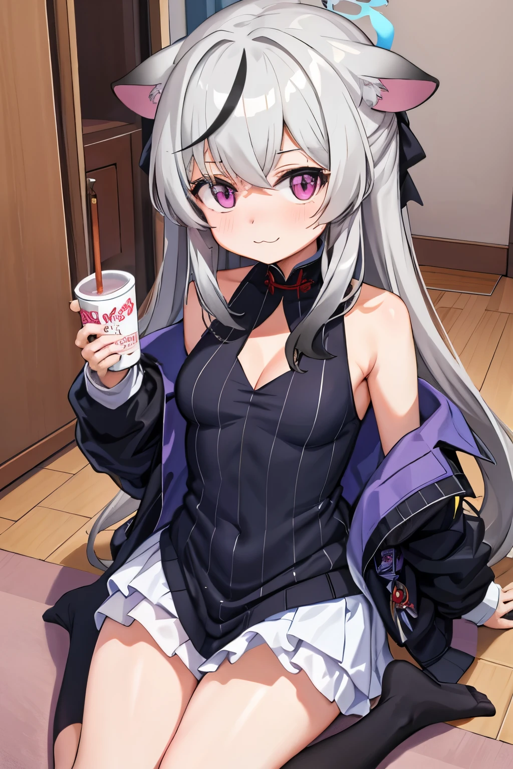 rating_explicit, score_9, score_8_up, score_7_up, uncensored, jet black skin, colored skin, narrowed eyes, naughty face, 1girl, smile, carropino, light purple hair, long hair, hairband, hat, small breasts, white makeup, eyeshadow, yamanba, sweat, (skinny body:0.9), flat chest, small breasts, sitting, spread legs, white nipple, white aleorae